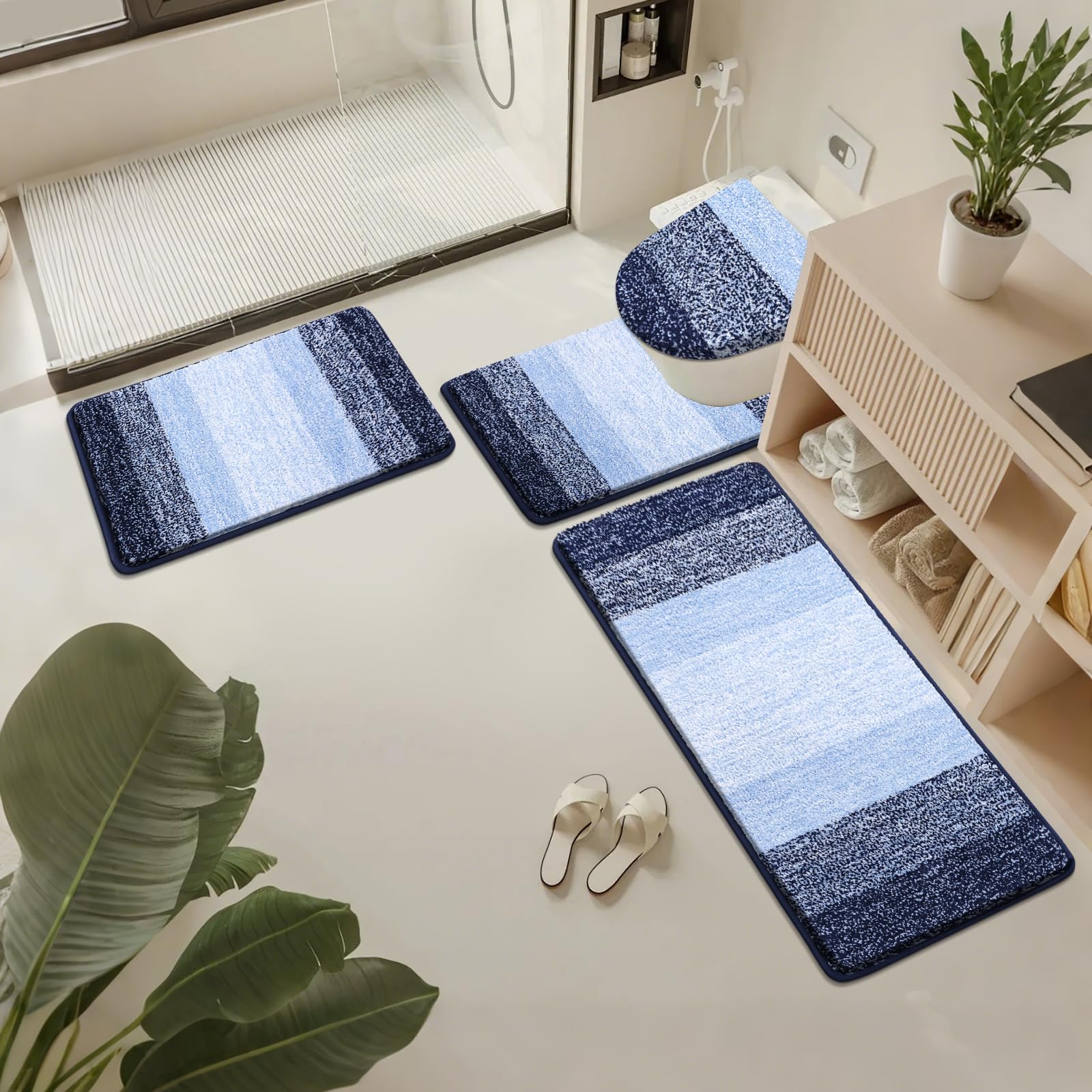 Bsmathom Juego de 4 alfombras de baño con funda para tapa de inodoro y juego de alfombras, alfombras de baño antideslizantes, lavables, suaves, peludas, absorbentes, con alfombrilla de inodoro en