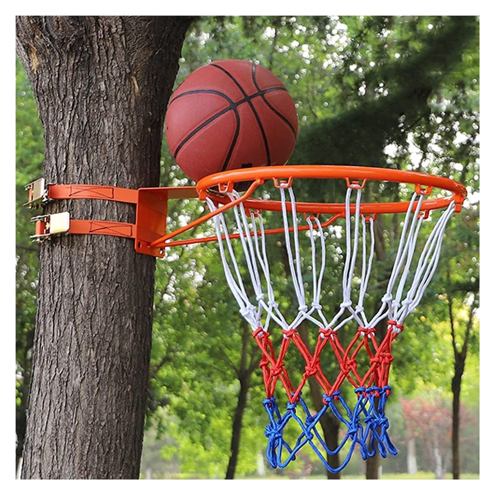 Aro de Baloncesto portátil for Exteriores, Borde de Metal de Doble Anillo de 18 Pulgadas con Red de Nailon y Correas Ajustables, for Todas Las Edades, Poste de árbol de fácil