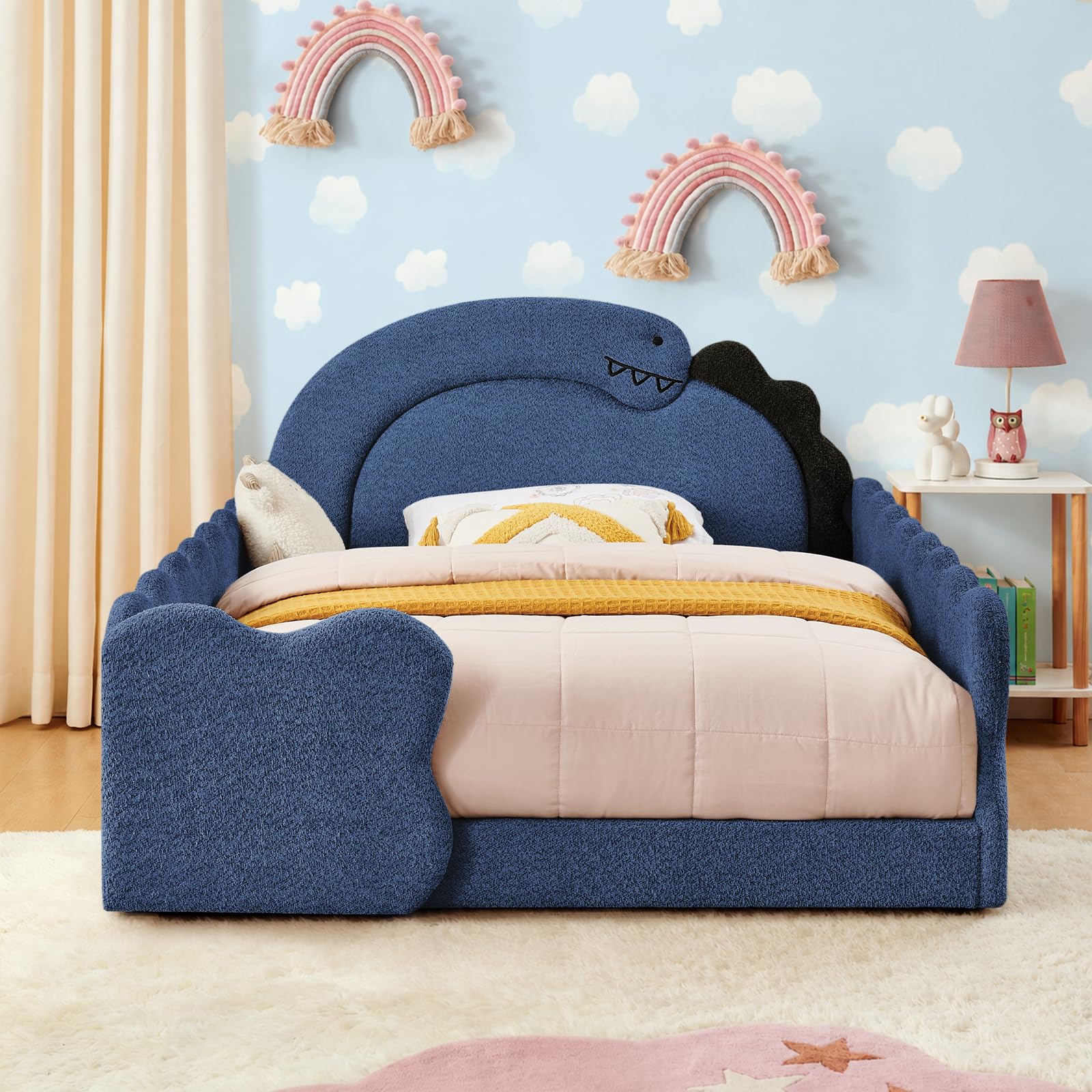 Full Size Kids Bed with Dinosaur Headboard, Upholstered Boucle Fabric Twin Daybed with Slats Support &amp; Side Pocket, Space-Saving Wooden Corner Sofa Couch Day Bed Frame for Girl, Boy, Teenager(Blue)