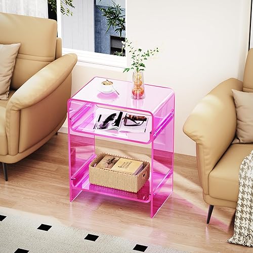 Miniatura 22 de Mesa de tocadiscos de acrílico con estante de almacenamiento, mesa auxiliar transparente (naranja, grande) Naranja,Negro -,Claro,Azul