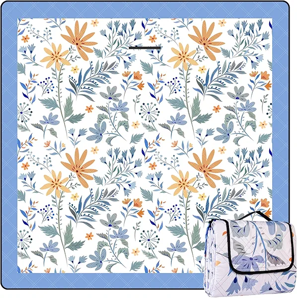 DEWUR Picnic Blankets 79"x79" Extra Large Outdoor Blanket Beach Blanket Waterproof SandProof Picnic Mat Washable Foldable Portable for Grass Lawn Beach Camping (White with Flowers)