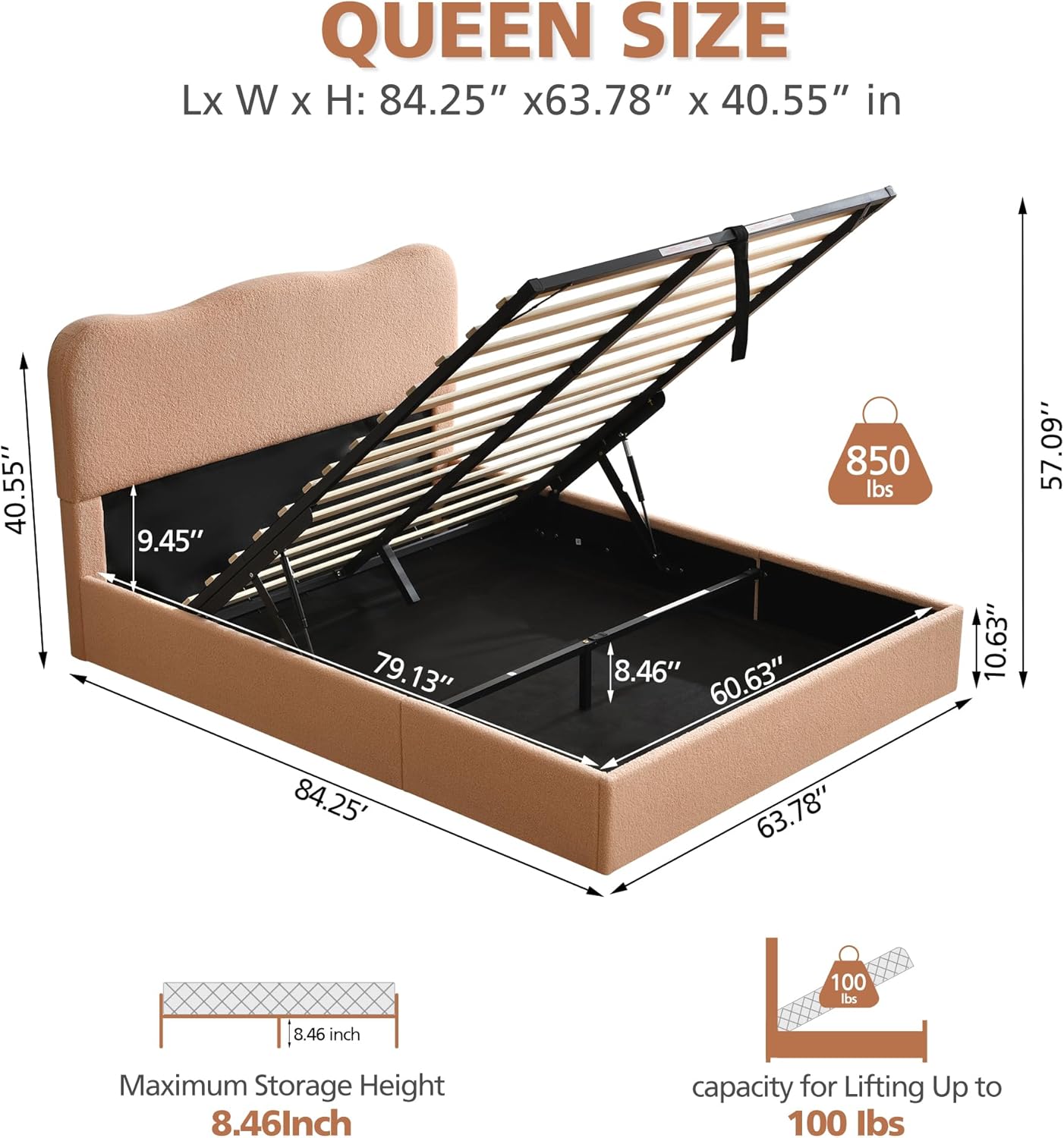 VELOCAVA Queen Size Lift-Up Storage Bed, Upholstered Boucle Bed with Curved Headboard, Rounded Corners, Sturdy Wooden Slat Support, No Box Spring Needed, Easy Assembly, Blush Pink-Beige