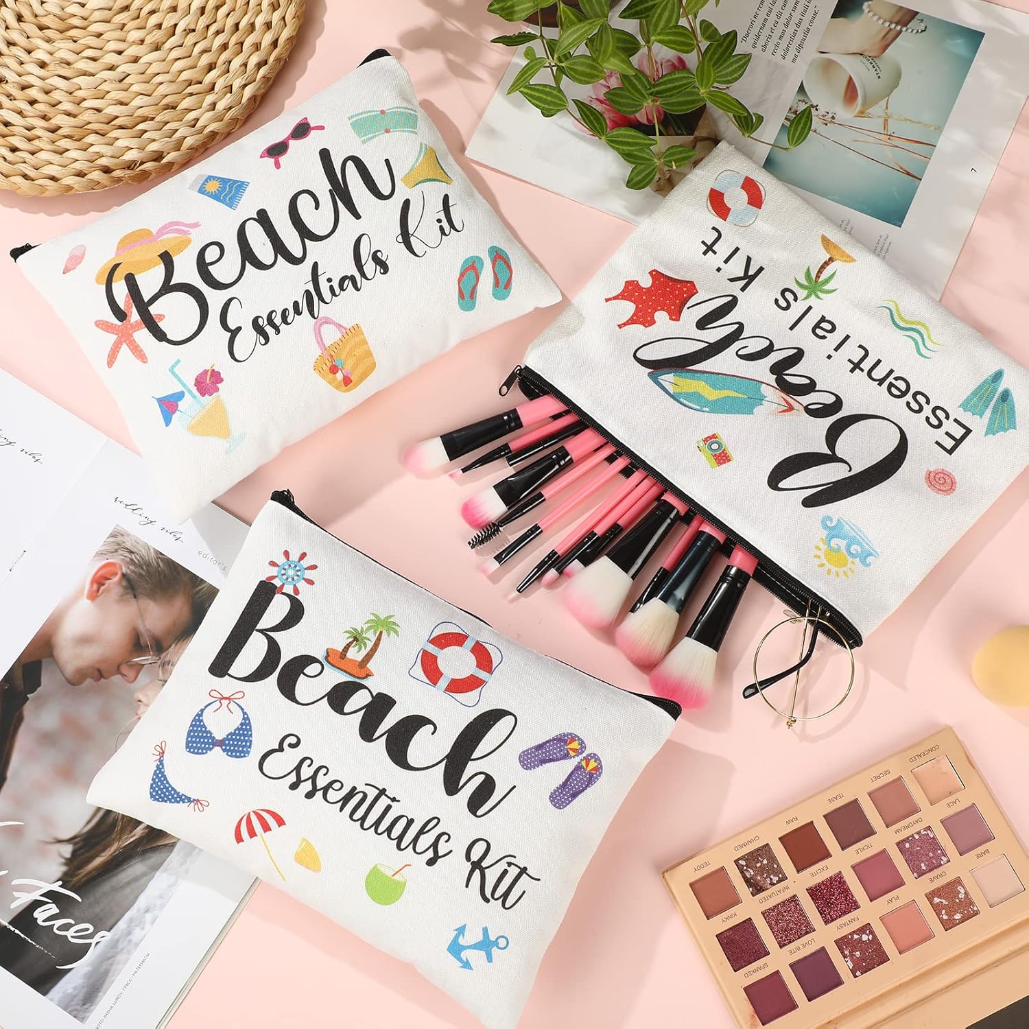 Chunful 12 Pcs Makeup Bag Summer Themes Cosmetic Bag Bulk Portable Essentials Kit Survival Kit Flamingo Palm Leaves Cosmetic Pouch with Zipper for Women Travel Accessories(Beach) - Image 7