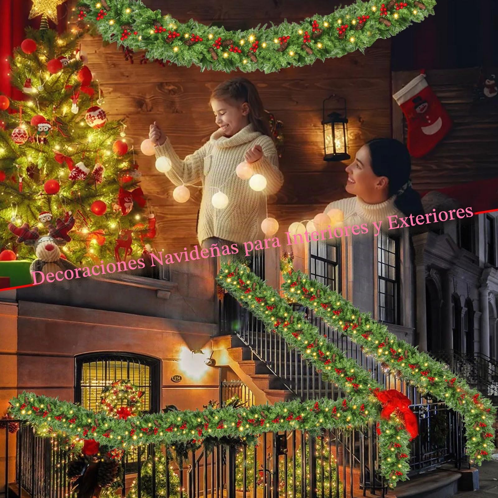 NUZEKY Guirnalda de Navidad, 2,7 m, Guirnalda de Abeto con 30 Luces LED, Guirnalda de Navidad, Guirnalda de Navidad para Exterior con Flores, Bolas para Interior y Exterior, Chimenea, Escalera