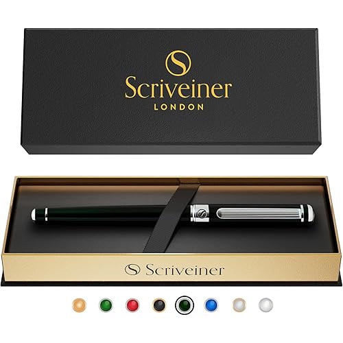 Scriveiner Black Green Rollerball Pen - Stunning Luxury Pen, Chrome Finish, Schmidt Ink Refill, Best Roller Ball Pen Gift Set for Men & Women, Professional, Executive Office