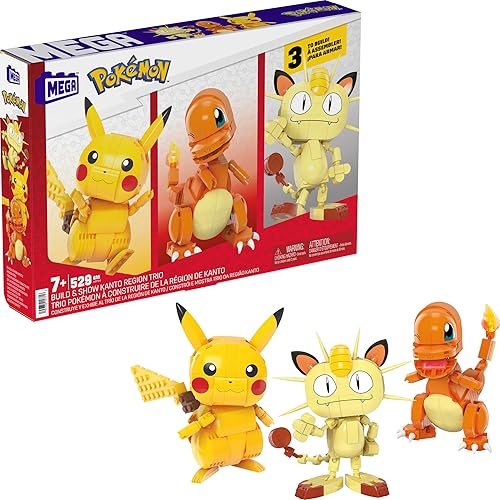 MEGA Pokémon Building Toys Set Kanto Region Trio with 529 Pieces and 3 Poseable Characters, 4 Inches Tall, for Kids