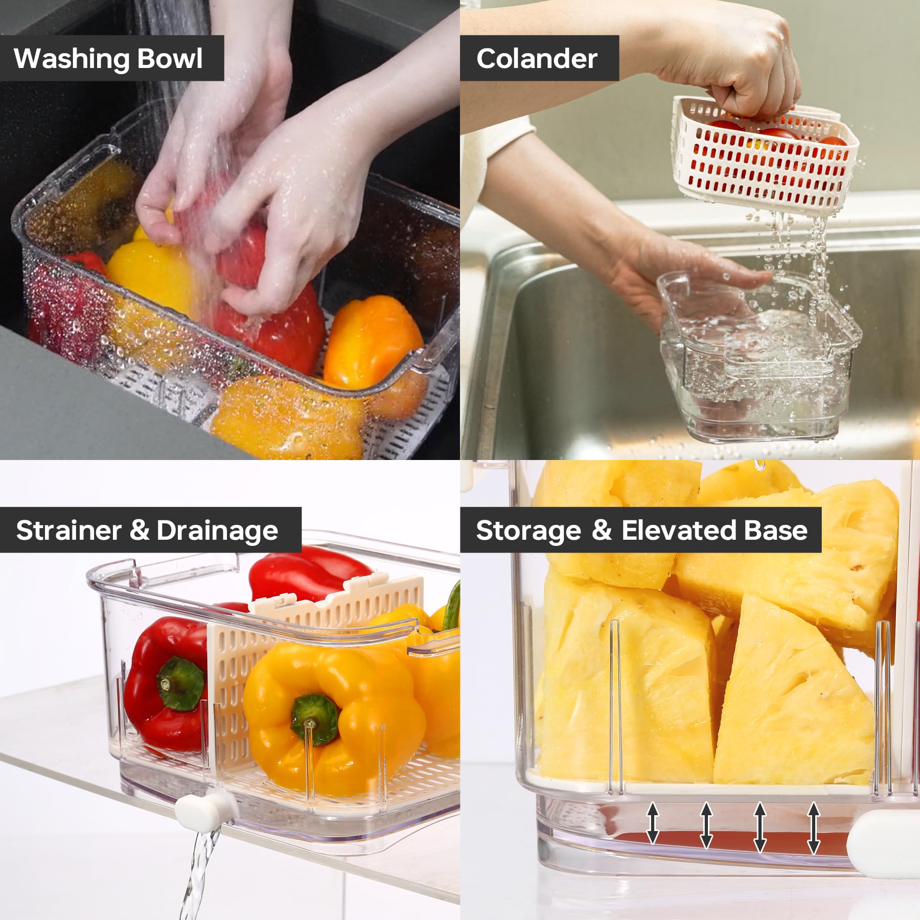 Felli Duo Fresh - Contenedor de frutas y verduras con ventilación y drenaje en la parte inferior para lavado, colador colador para refrigerador, recipiente de lechuga y bayas