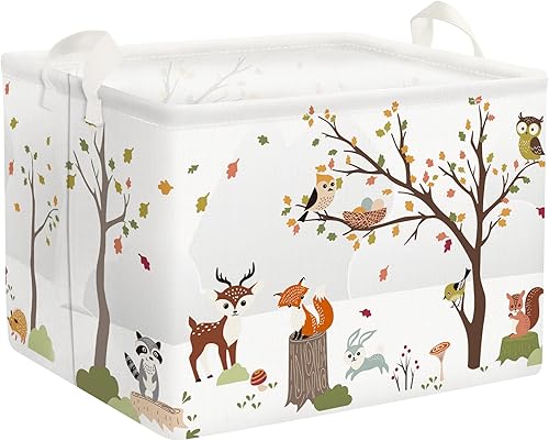 Clastyle Cesta de almacenamiento de animales de la selva, ciervo, zorro, pájaro, ardilla, conejo, árbol, estante rectangular, para ropa, libros,