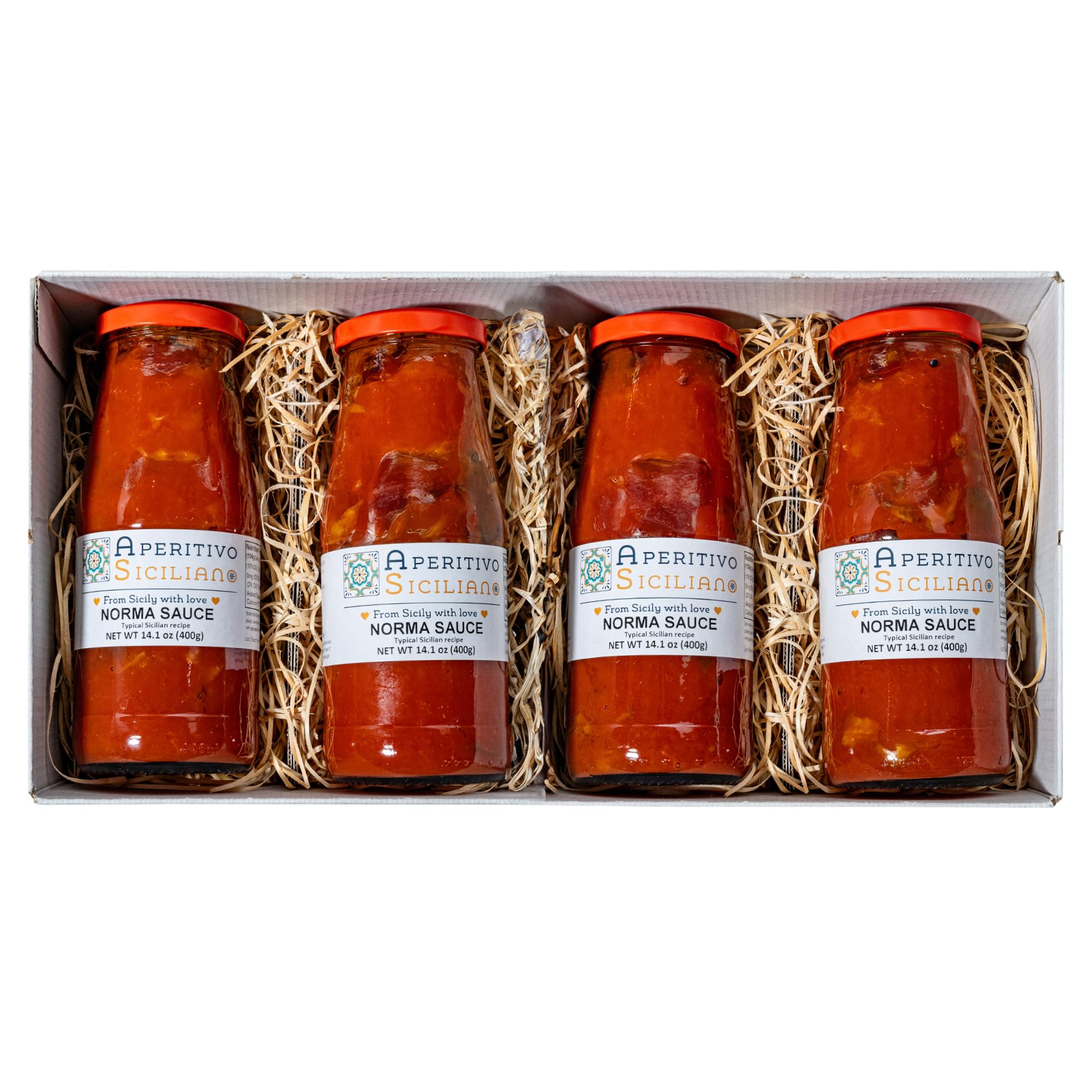 Aperitivo Siciliano - Authentic Sicilian Sugo alla Norma Ready-to-Use Sauce - Tomato, Fried Eggplant, Onion & EVOO - 4-Pack of 14.1 oz Jars - Made in Italy