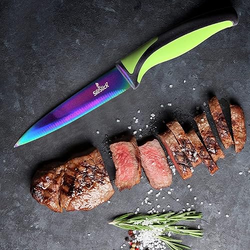 Miniatura 5 de SiliSlick Juego de cuchillos para carne de acero inoxidable, cuchillos de cocina coloridos con revestimiento de titanio con borde recto, suave y
