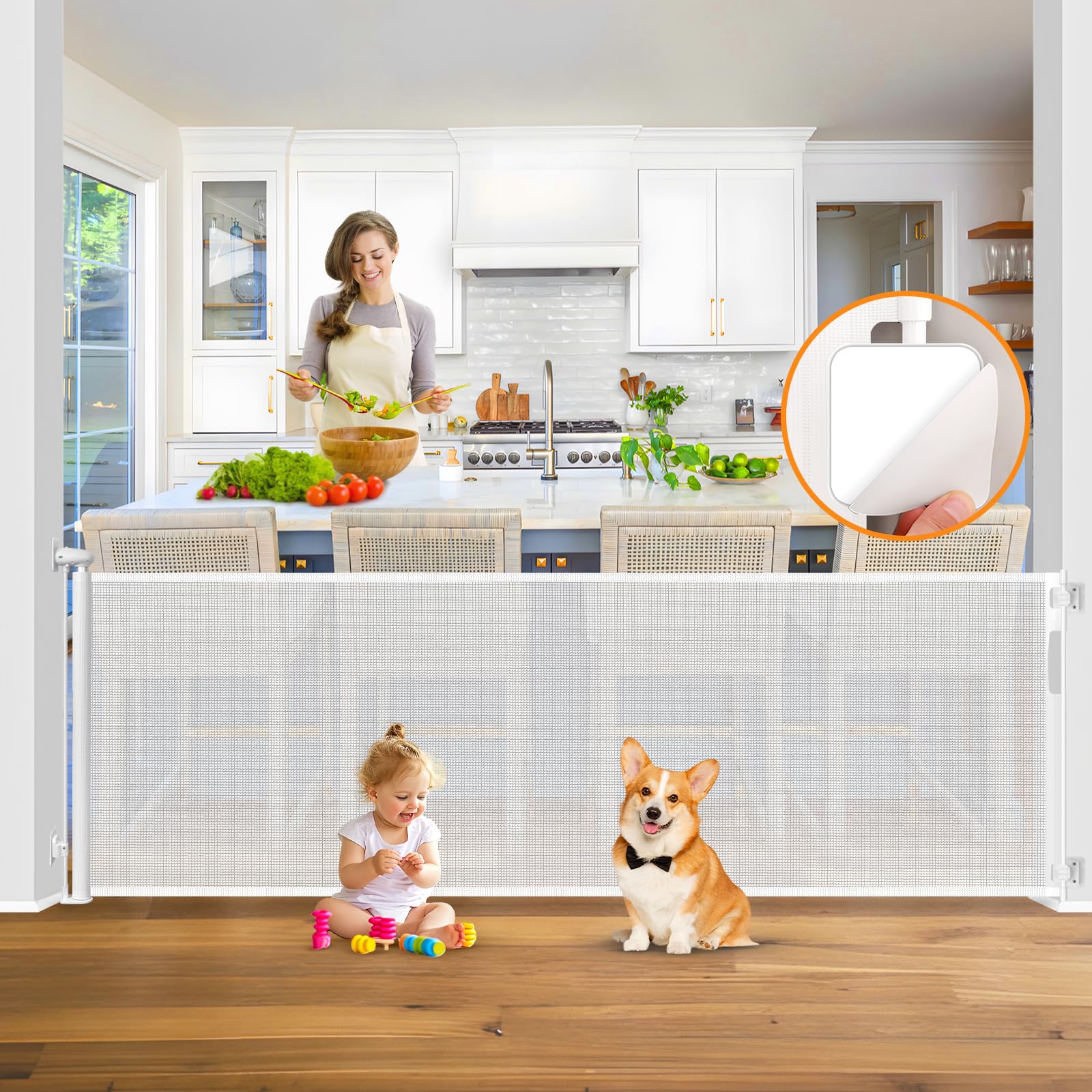 No-Drill 100” Wide Retractable Baby Gates No Drilling Retractable Dog Gates for Doorways Extra Wide Retractable Pet Gate for Stairs No Drilling Large Baby Gates Extra Wide Mesh Gates for Kids or Pets