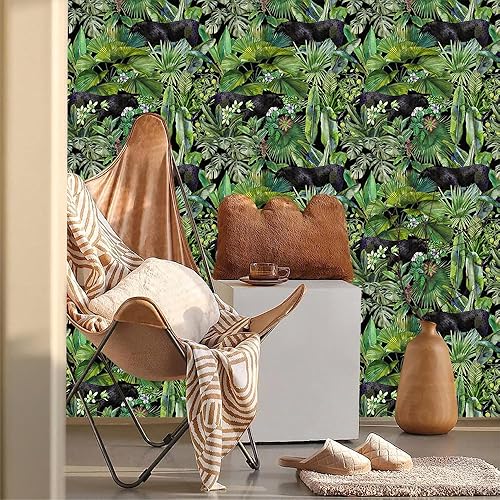 Miniatura 2 de Papel tapiz de 18 x 236 pulgadas, diseño de plantas tropicales verdes, pantera negra, fácil de despegar, autoadhesivo, extraíble, para armario de