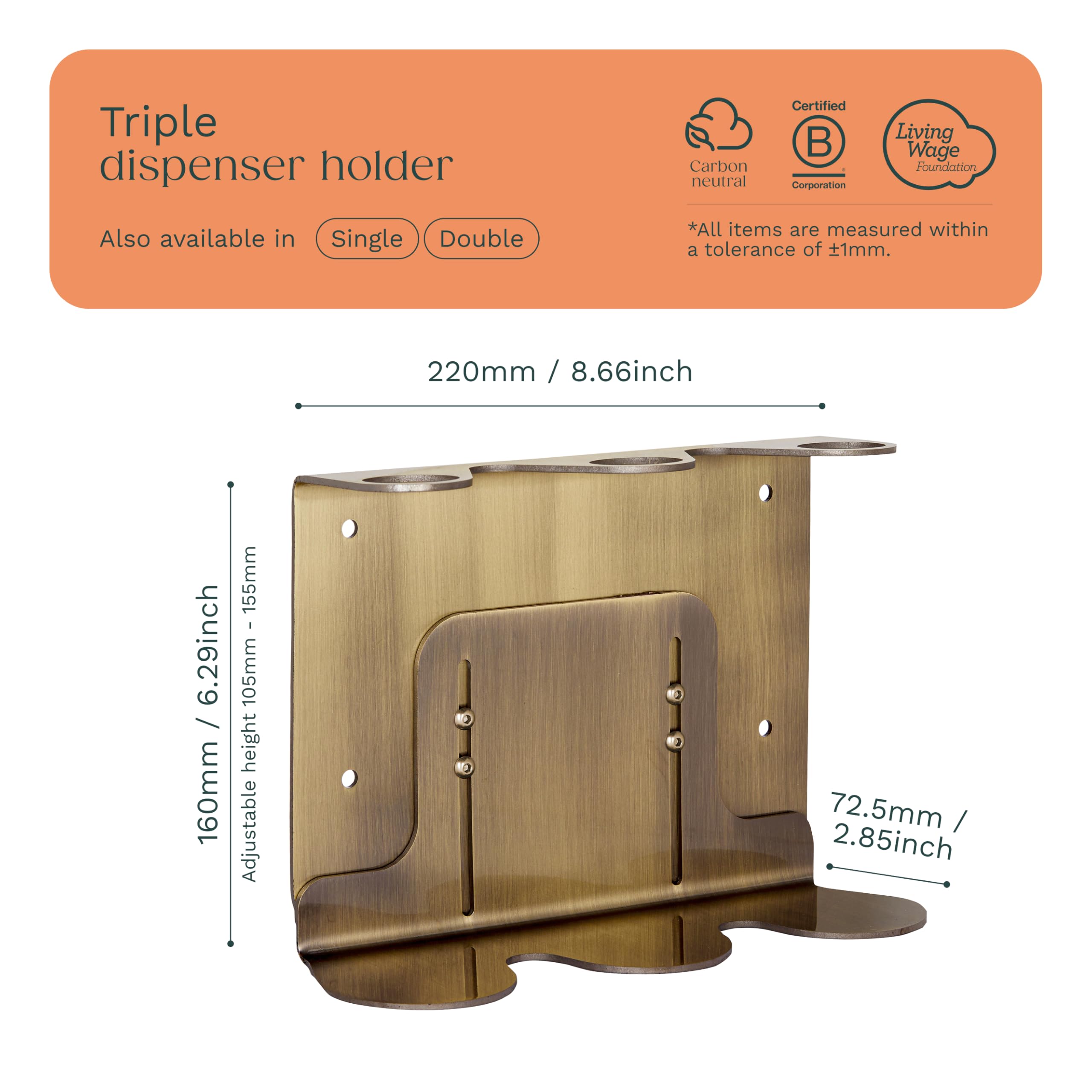 Kuishi Wall-Mounted Brushed Gold Soap Dispenser Bracket, 250-300 ML Soap Bottle Holder, Triple Brass Coloured Mounted Wall Soap Dispenser, Resistant to Corrosion and Markings, Bottles Not Included