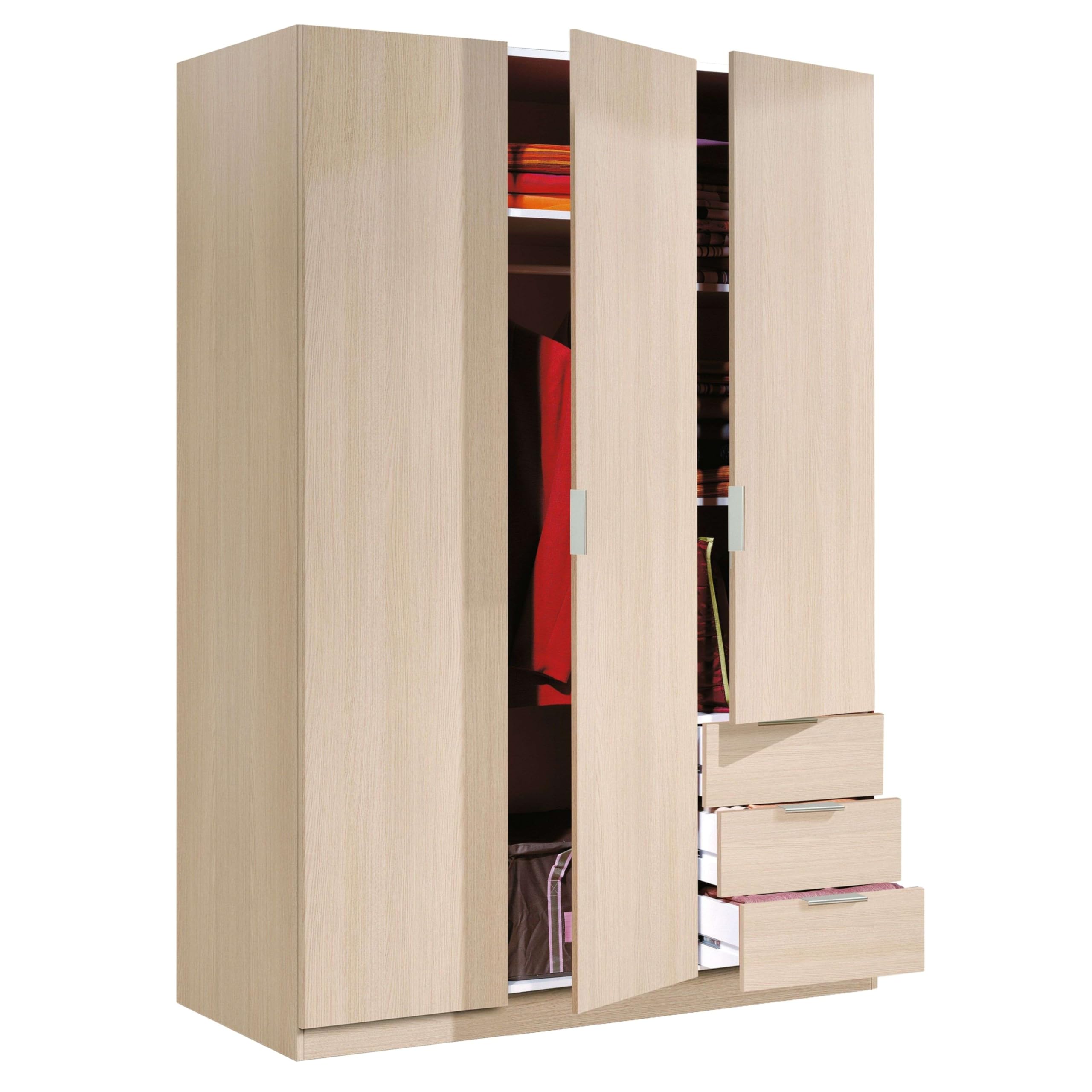 Habitdesign Armario Ropero 3 Puertas 3 Cajones, 121x180x52 (AnchoxAltoxFondo-​en Cm), Color Roble