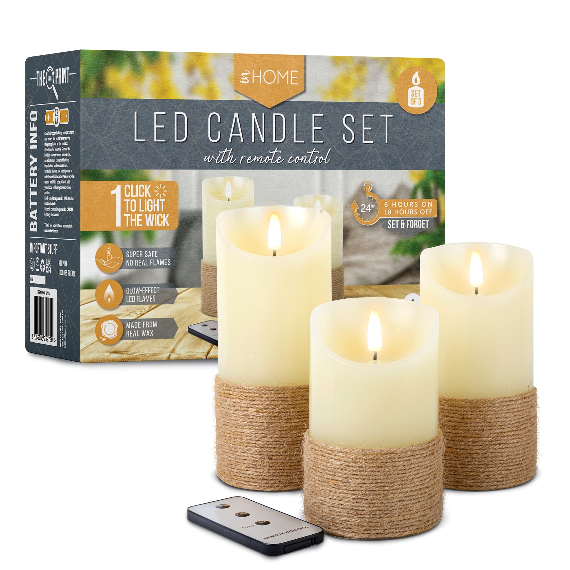 In Cream, White, Brown Led Candles | Led Candles Flickering With Rope Design | Halloween | Electric Flameless Candle With Remote Control Battery Operated – (Set Of 3)