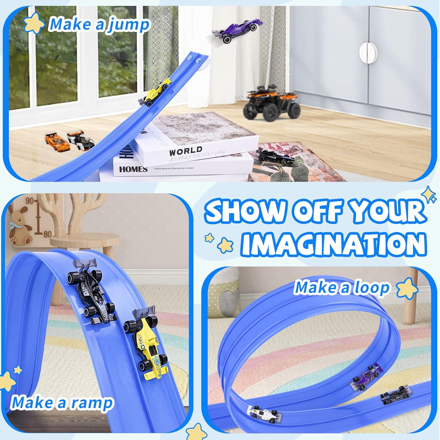 Flexible Race Car Track for Kids - Flex Track 16 Ft with Suction Cups & Loop for Ages 3 & Up Classic Blue Double Long Rolls Up Portable(Blue)