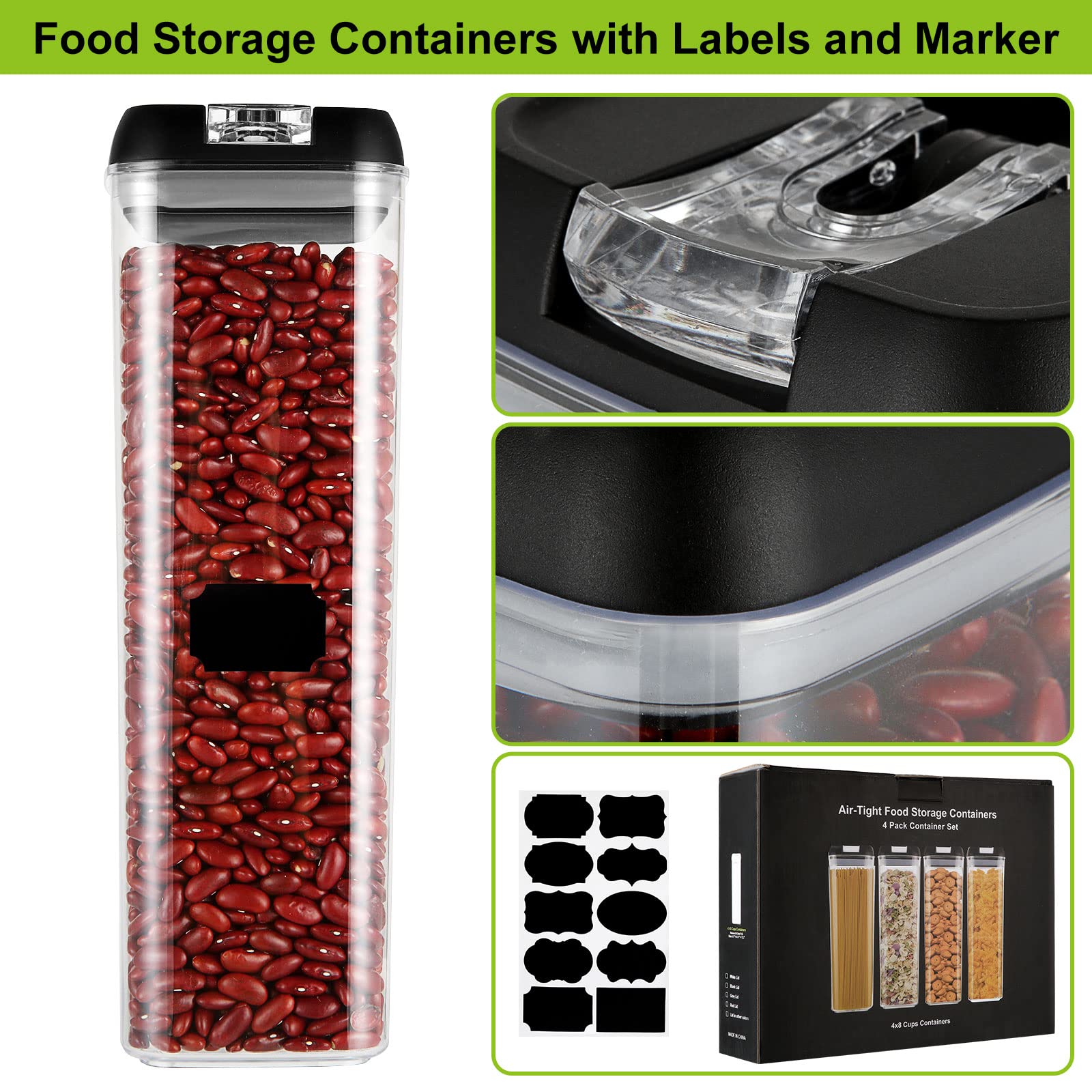 JMIATRY Lot de 4 boîtes de conservation alimentaire en plastique avec couvercles hermétiques, de qualité alimentaire et sans BPA, la farine, les céréales et le sucre