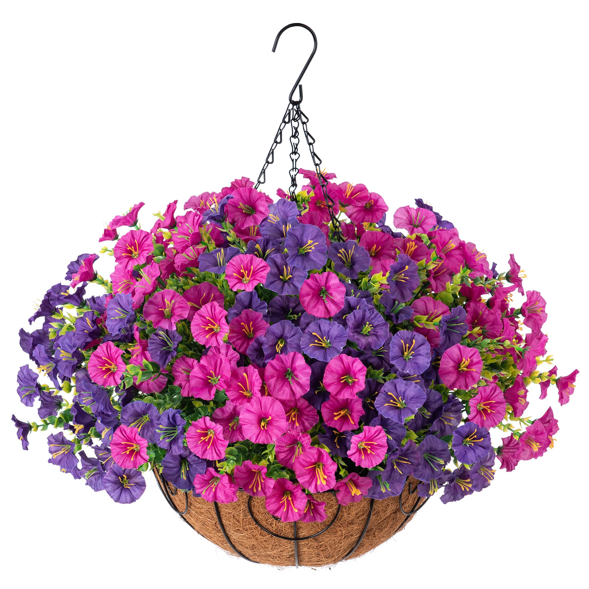 Artificial Faux Hanging Flowers Plants Basket for Spring Summer Outdoors Decoration, Silk Morning Glory with Eucalyptus Look Real UV Resistant Fake