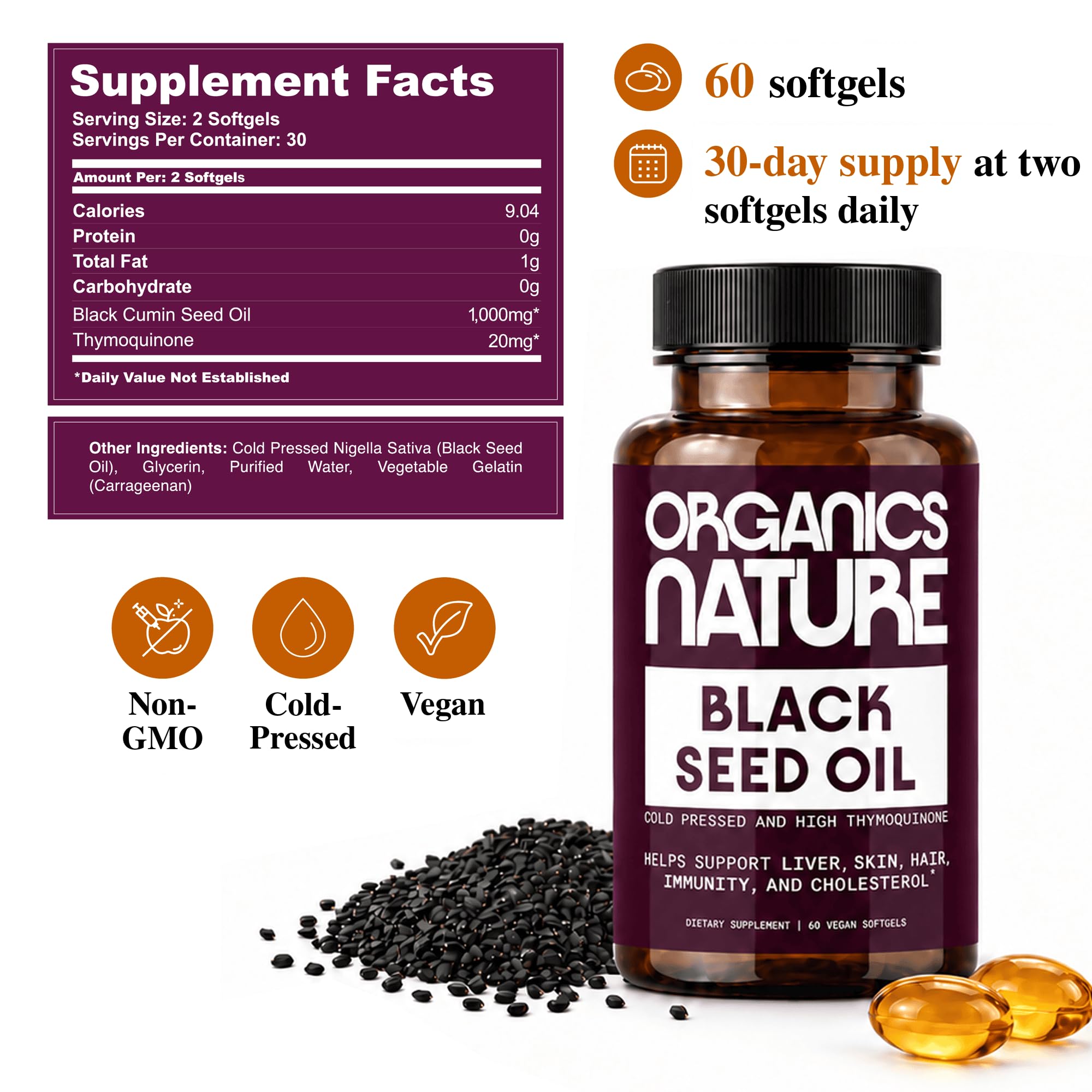 ORGANICS NATURE Black Seed Oil 1000mg, Cold Pressed, Vegan, 60 Softgels — Amazon image 4