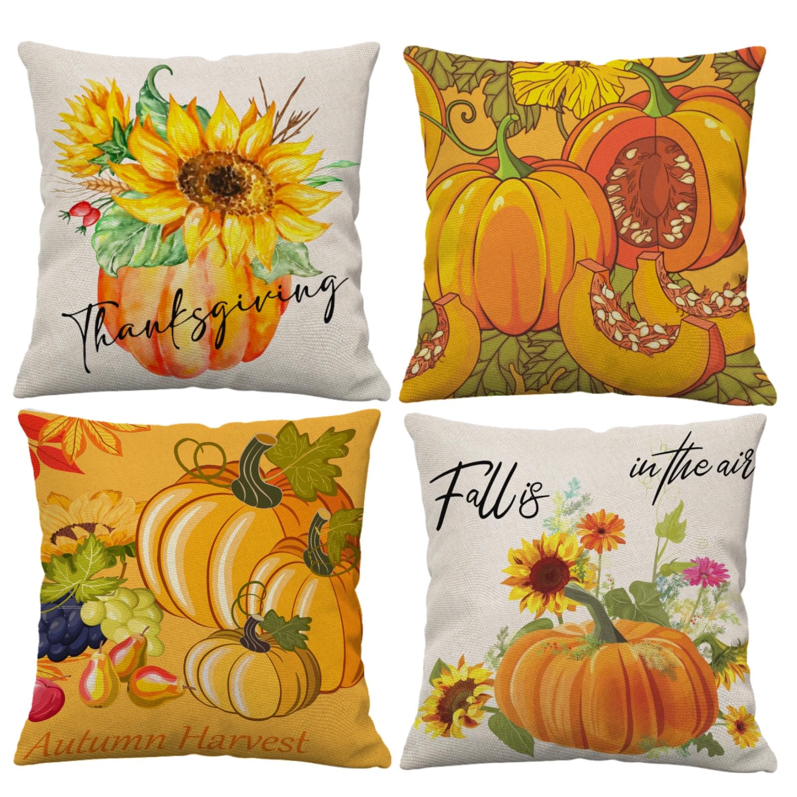 Lot De 4 Housses De Coussin D'automne De 40,6 X 40,6 Cm, Motif Citrouilles Pour Décoration De Maison, Extérieur, Canapé, Décoration Sur Le Thème De L' Automne, 40,6 Cm à 3