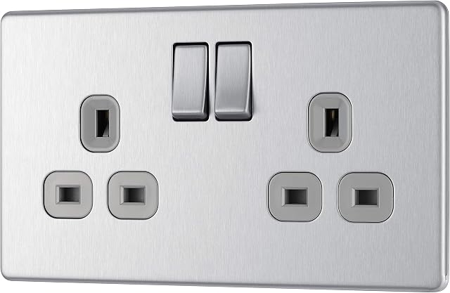 BG Electrical FBS22G-01 Double Switched Screwless Flat Plate Power Socket, Brushed Steel, 13 Amp