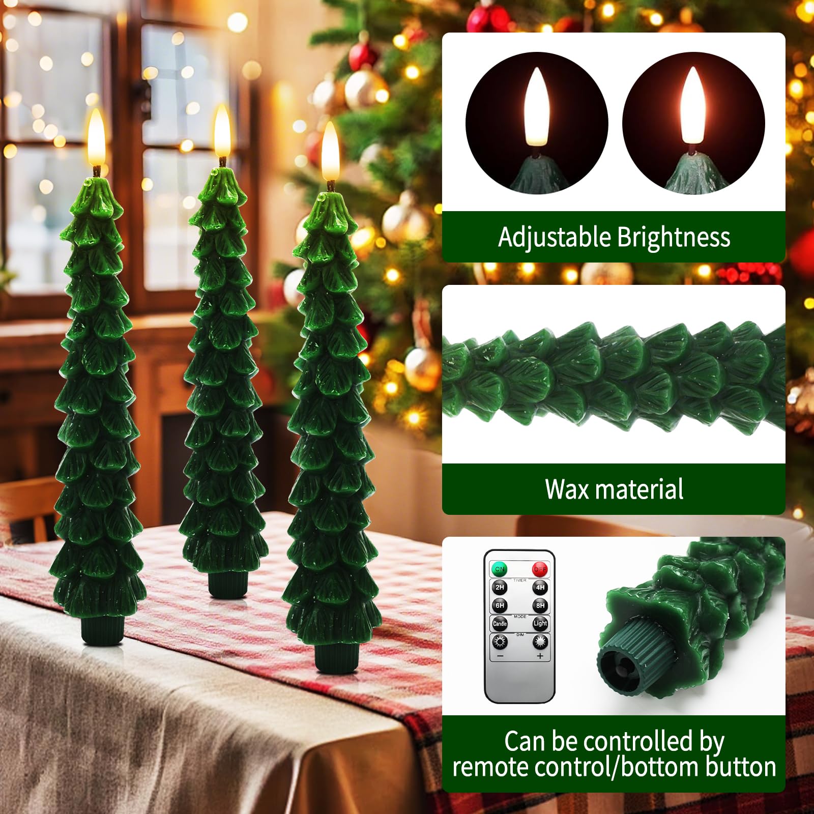 Roadtime, Candele per albero di Natale con telecomando e timer, 4 pezzi di candele LED in cera a bastoncino tremolanti, candele senza fiamma a batteria con stoppino 3D, candele verdi per decorazione