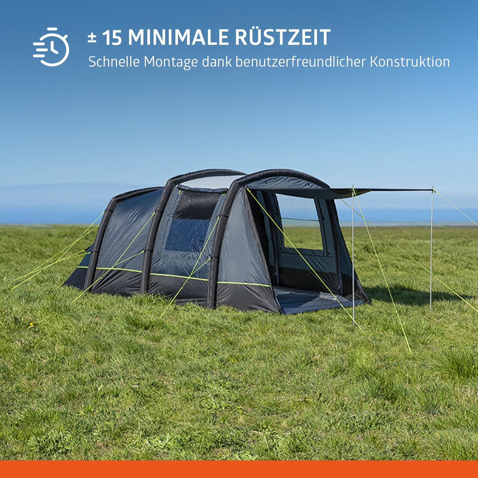 Campout Aufblasbares Tunnelzelt 455 x 270 cm – 4-Personen-Familienzelt mit 2 Schlafbereichen – Inklusive Pumpe und Bodenplane – Schwarz