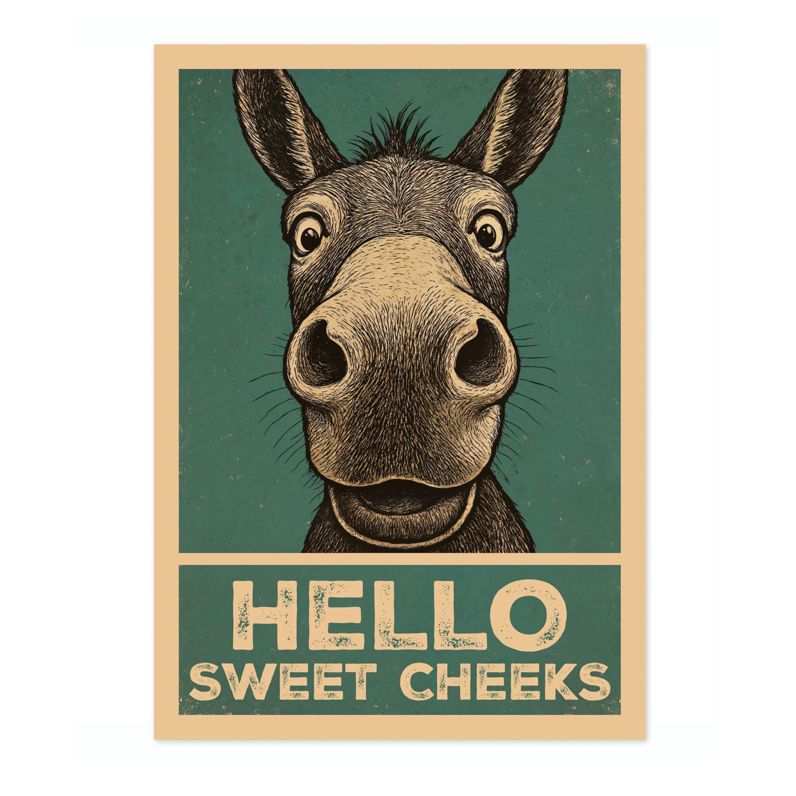 Hello Sweet Cheeks Donkey Poster, Retro Animal Bathroom Print, Comedy Toilet Wall Art, A2 (Print Only) - 59.4x42cm