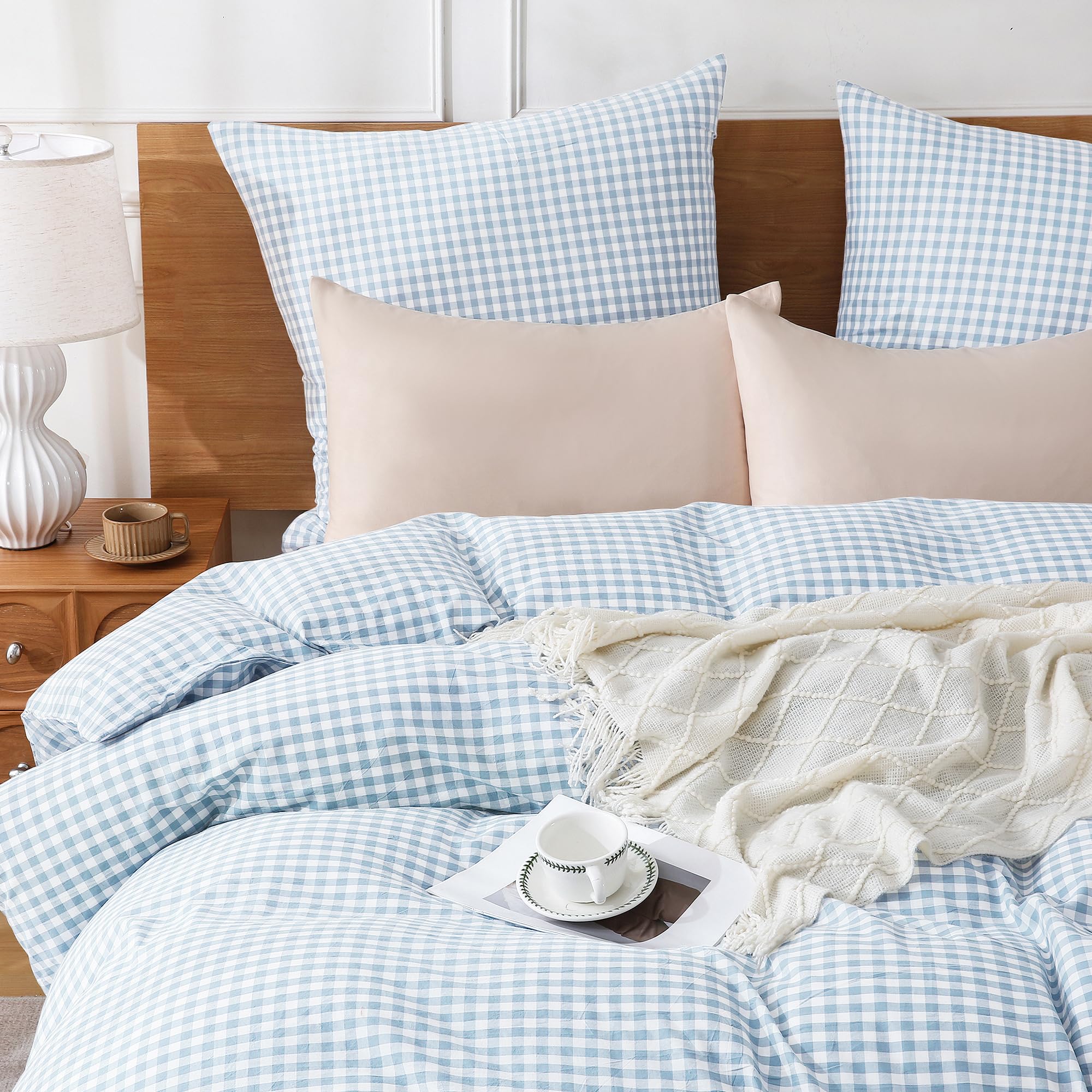 TOCOMOA Gingham Bettwäsche 135x200 Kariert 100% Gewaschene Baumwolle Set | Weich, reißbeständig,Leinenoptik und Atmungsaktiv Bettwaren mit Reißverschluss, 1 Bettbezug und 1 Kissenbezug 80x80 cm