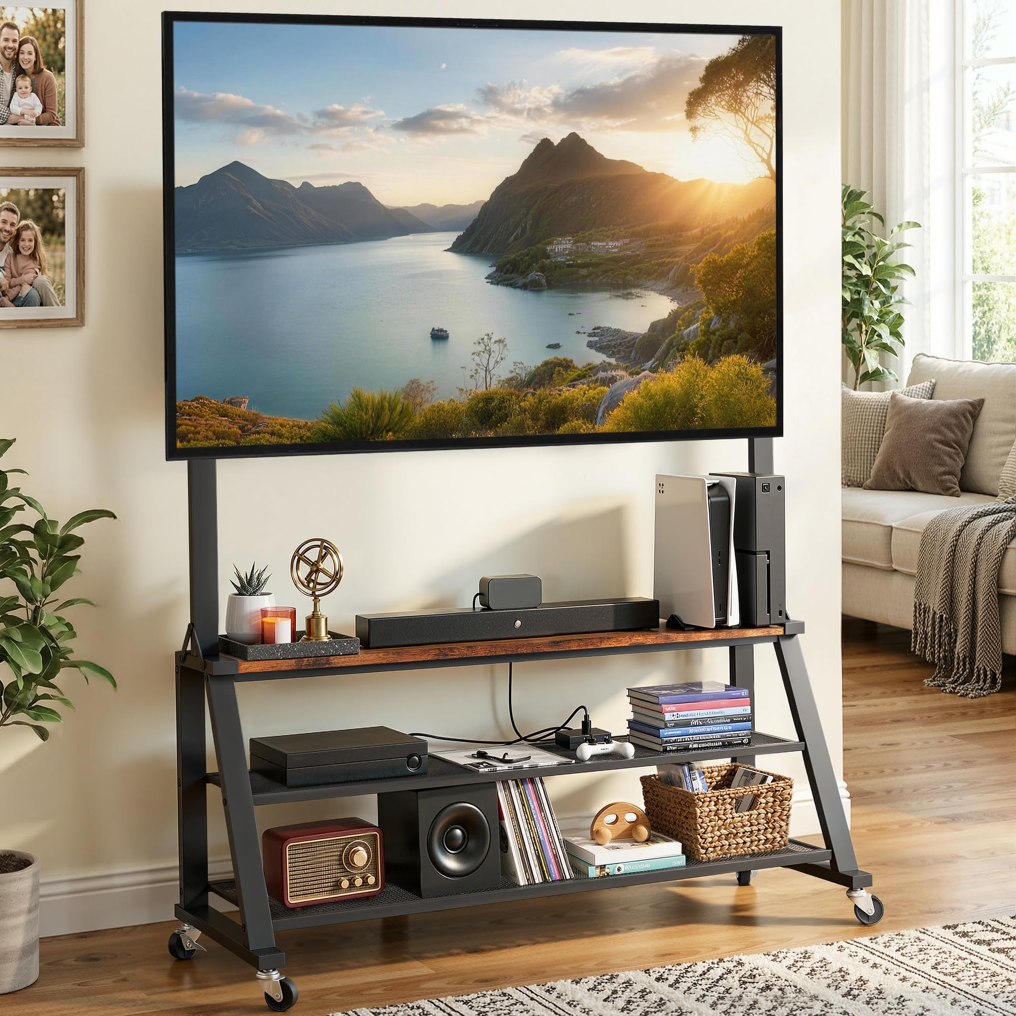 YITAHOME Rolling TV Stand with Lockable Wheels and Mount for up to 75 Inch TVs, Mobile TV Cart with Power Outlets for Living Room, Dining Room &