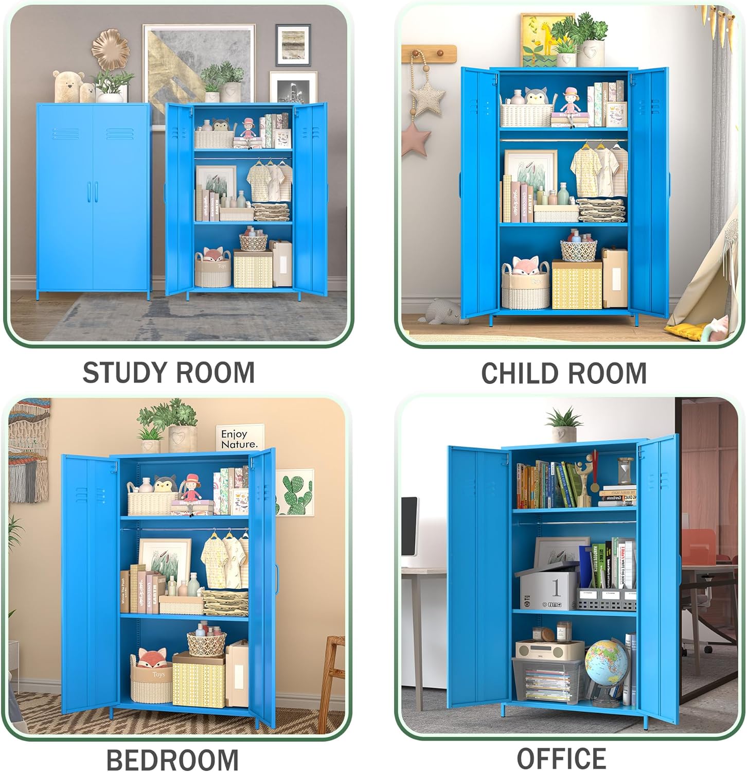Metal Locker Storage Cabinet, Storage Locker with Two Magnetic Doors and Two Adjustable Shelves, Metal Storage Cabinet for Office, Home, Gym, School and Employee(Blue)