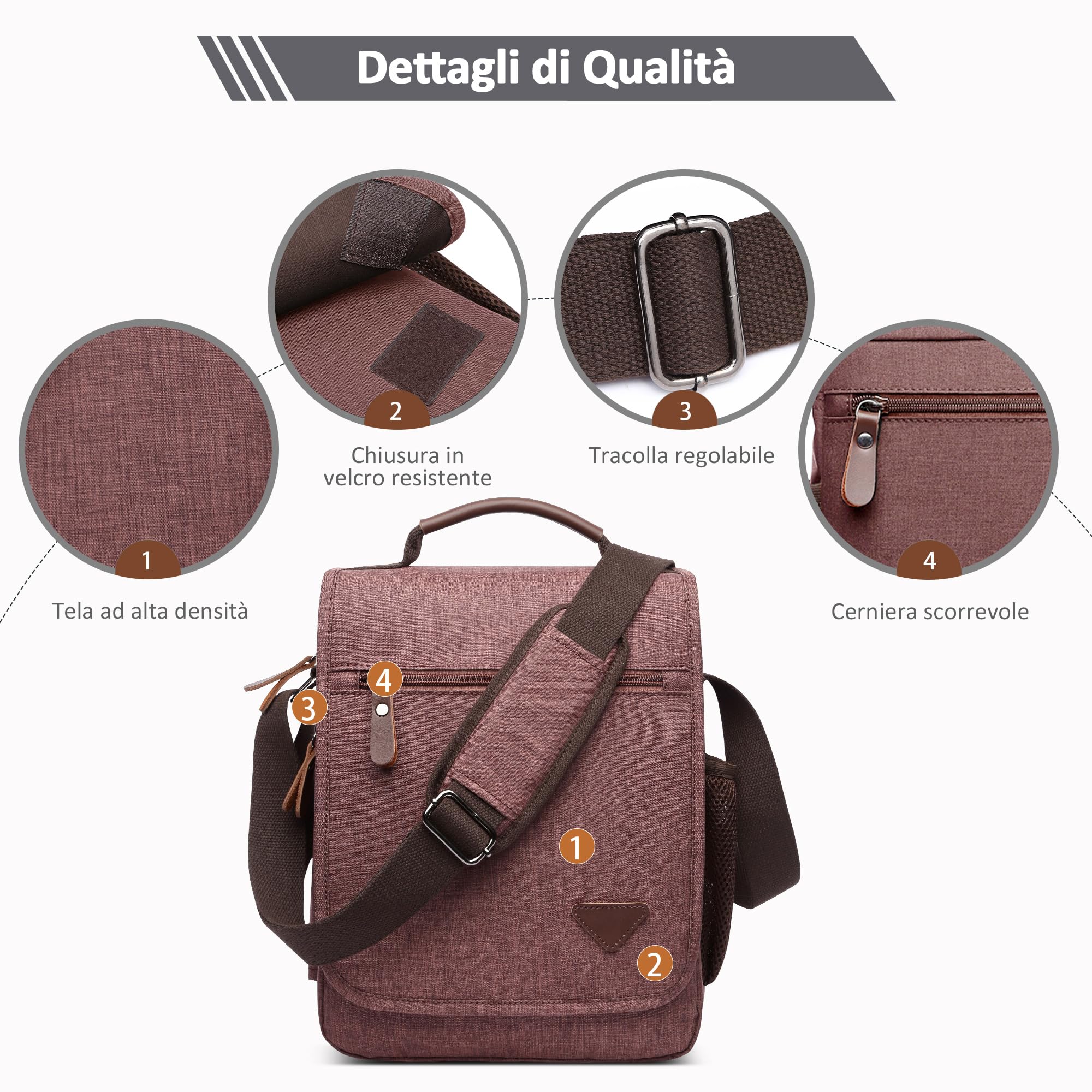 Moda Uomo Borsa a Tracolla Elegante Borse Messenger Ventiquattrore 12.9 pollici Laptop Messenger Bag Briefcase Viaggio Causale Lavoro Scuola Uomo Borsa a Tracoll Marrone