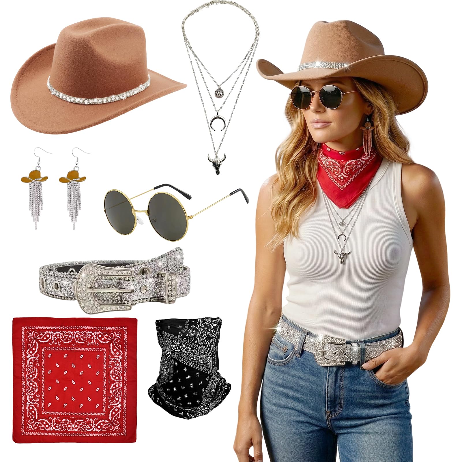 Meriviva 7 Pcs Cowgirl Accessories for Women with Cowboy Hat Bandana Glasses Sequin Belt Earrings Necklace Neck Warmer for Hippie Disco Halloween Party Cosplay (B)
