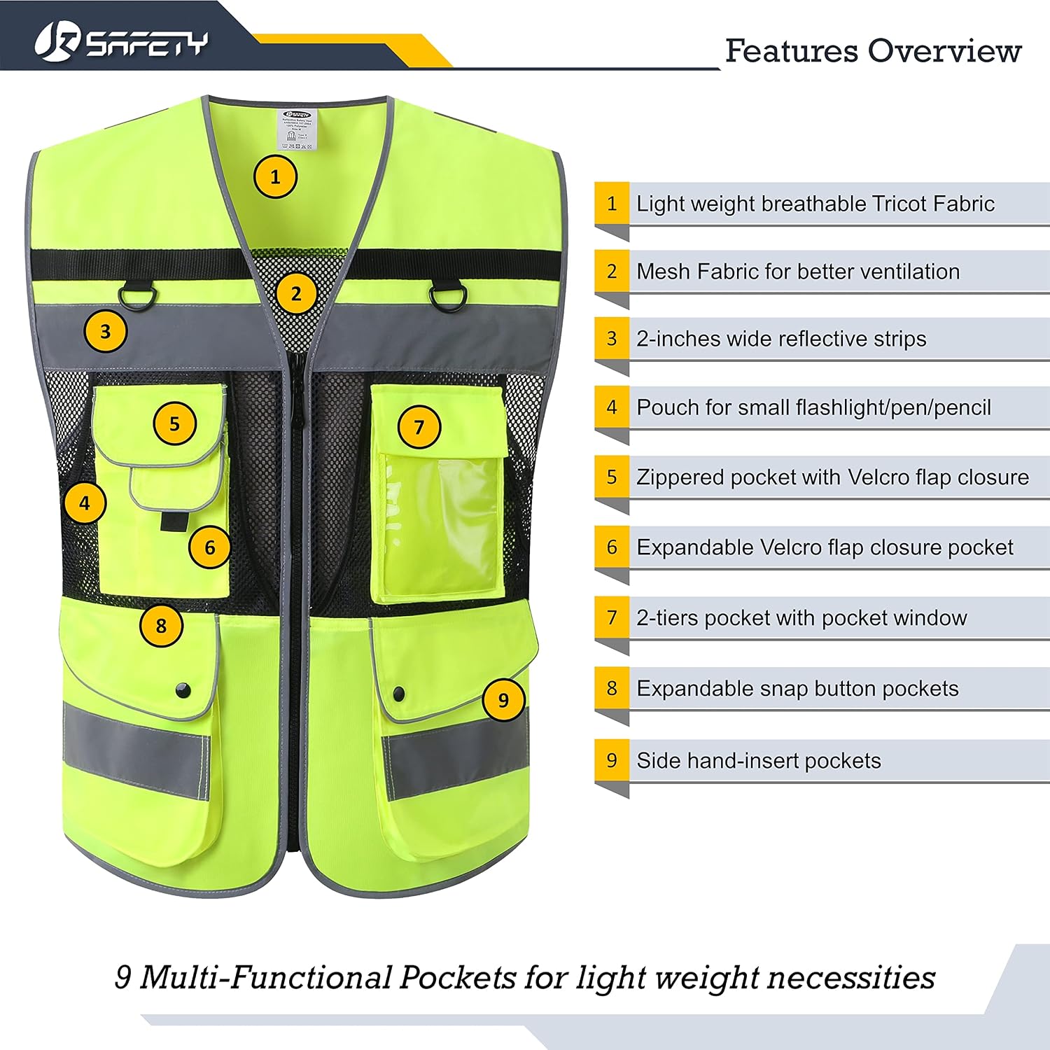 JKSafety 12 Pockets Class 2 High Visible Reflective Safety Vest Zipper Front Back Pockets Mesh Lining, Yellow-Black Meets ANSI/ISEA Standards (180-Yellow-Black XL)
