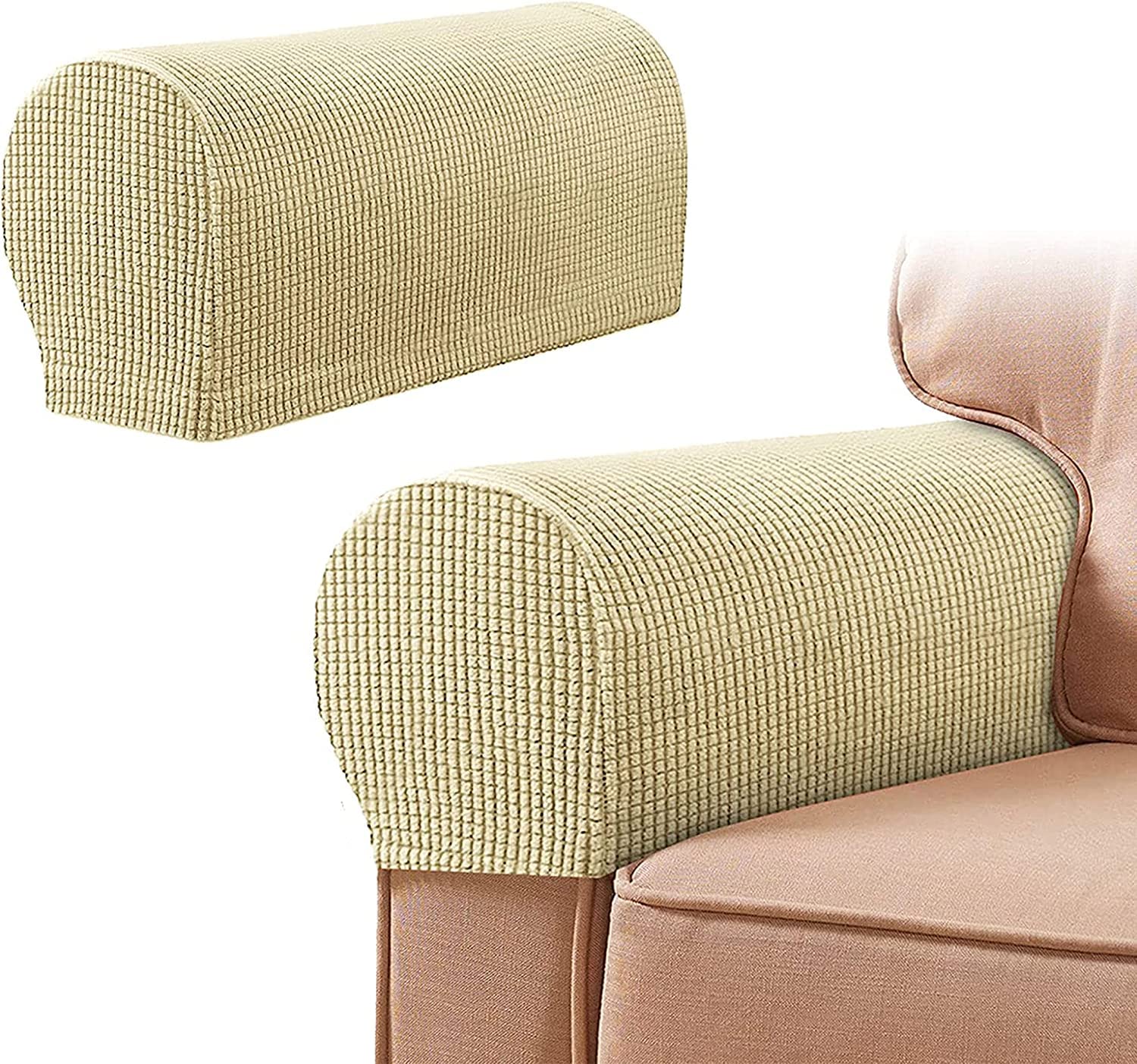 RANARA Armlehne Stuhlhussen Armlehnenbezüge Weiches Spandex Polyester Armkappen Rutschfester Möbelschutz Stretch Armlehne Bezug für Stuhl Sofa Couch, 2er Set, Braun (Farbe: Beige, Größe: 4 Stück)