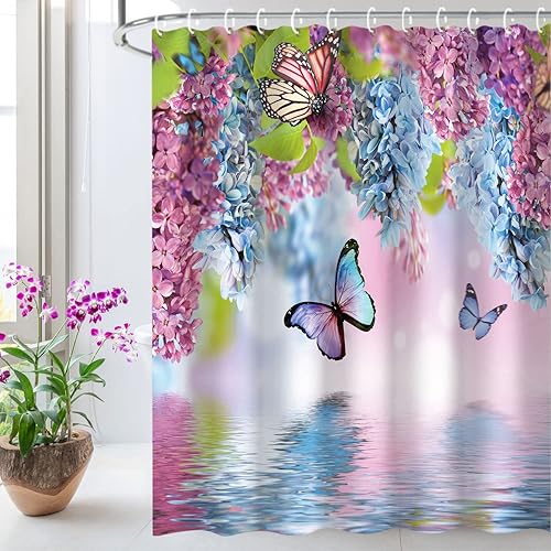Miniatura 7 de LIVILIAN - Cortina de ducha de mariposa con ganchos, cortina de ducha floral en remolino, cortinas de ducha de mariposa para baño, lavable a