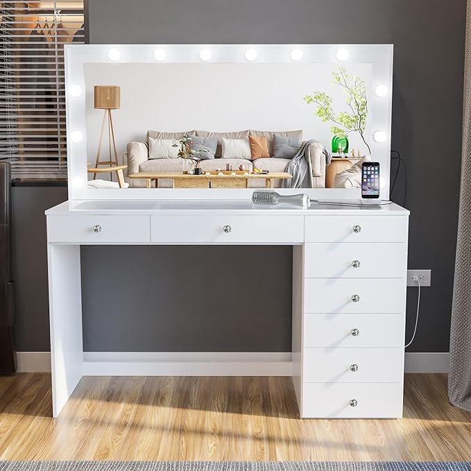 Boahaus Ketevan EXTRA LARGE Makeup Vanity with Lights Bulbs Builtin, USB Outlet, 8