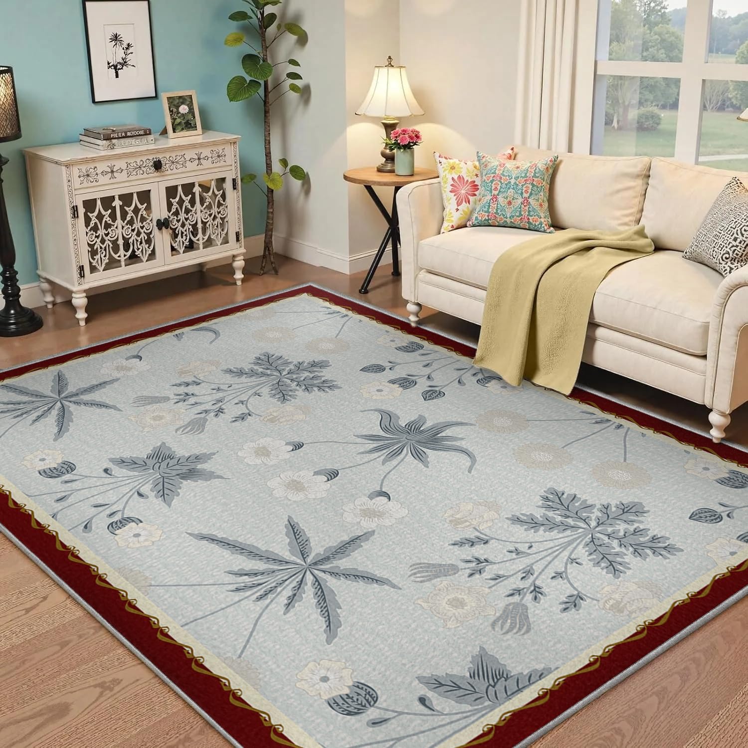 Tapis lavable et pliable bleu 160x230 cm avec envers antidérapant pour séjour