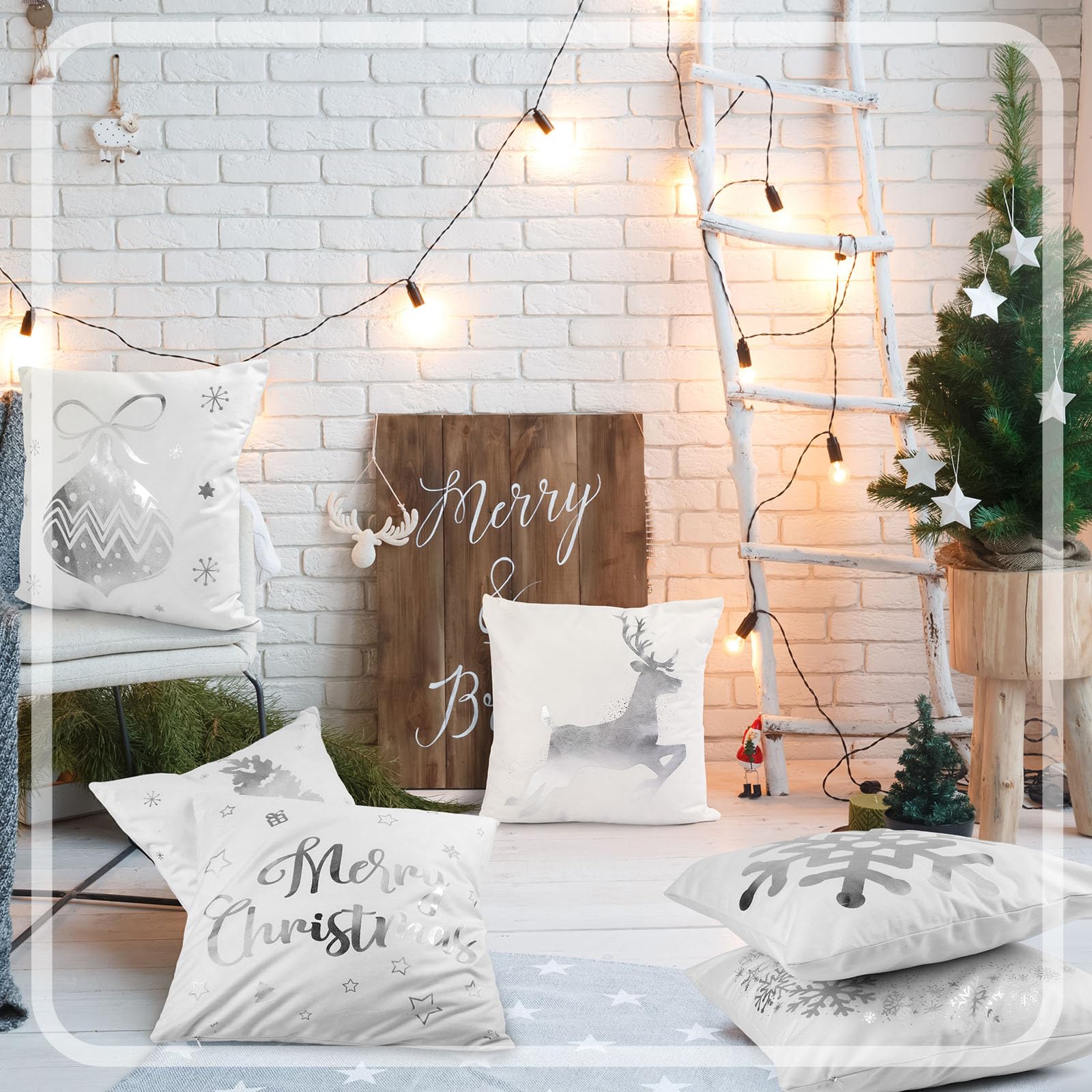 6 Pcs Housses de Coussin de Noël Taies d'oreiller Joyeux Noël Housses d'oreiller en Peluche pour Décoration d'hiver Vacances Canapé Sofa Bureau Chambre 45 x 45 cm (Blanc, Argent)