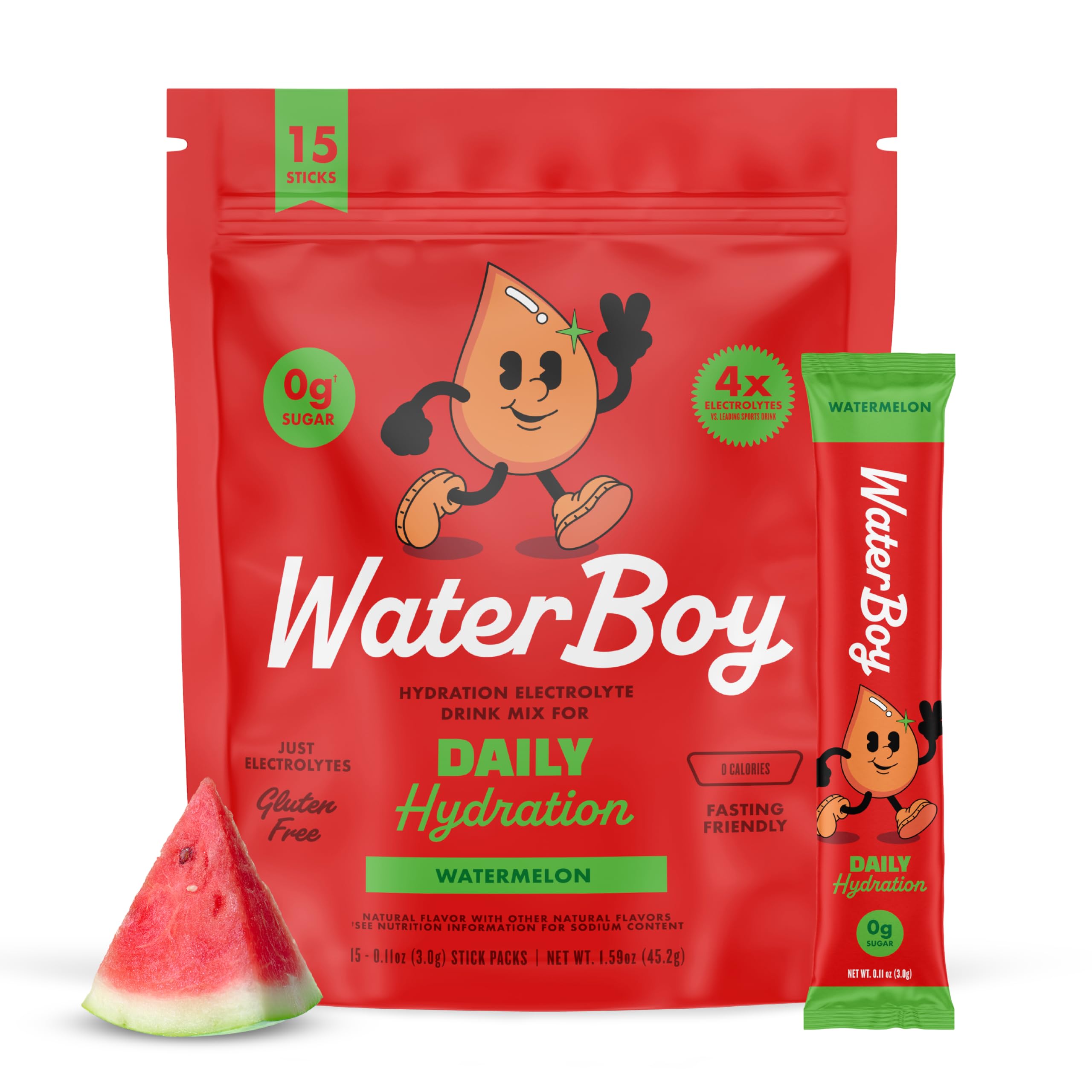 WaterBoy - Daily Hydration, Watermelon, Sugar Free Electrolytes Powder Drink Mix - 15ct Hydration Packets