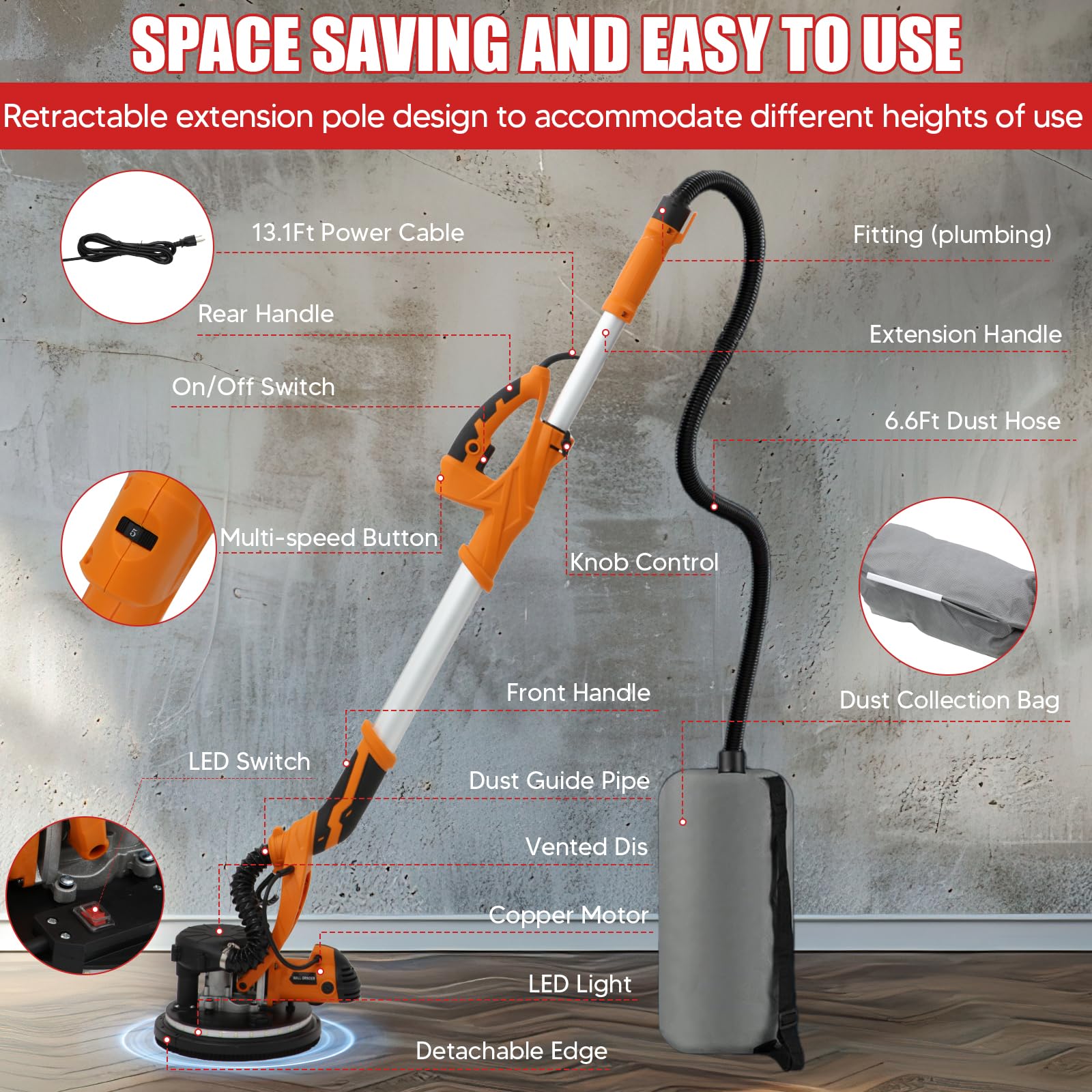Lijadora para paneles de yeso, 1250 W, Ponceuse Mur et Plafond à 5 Vitesses Variables 800-1800 tr/min, Manche Téléscopique, Éclairage LED Intérieur gré et Sac de Collecte de Poussière Aspirant