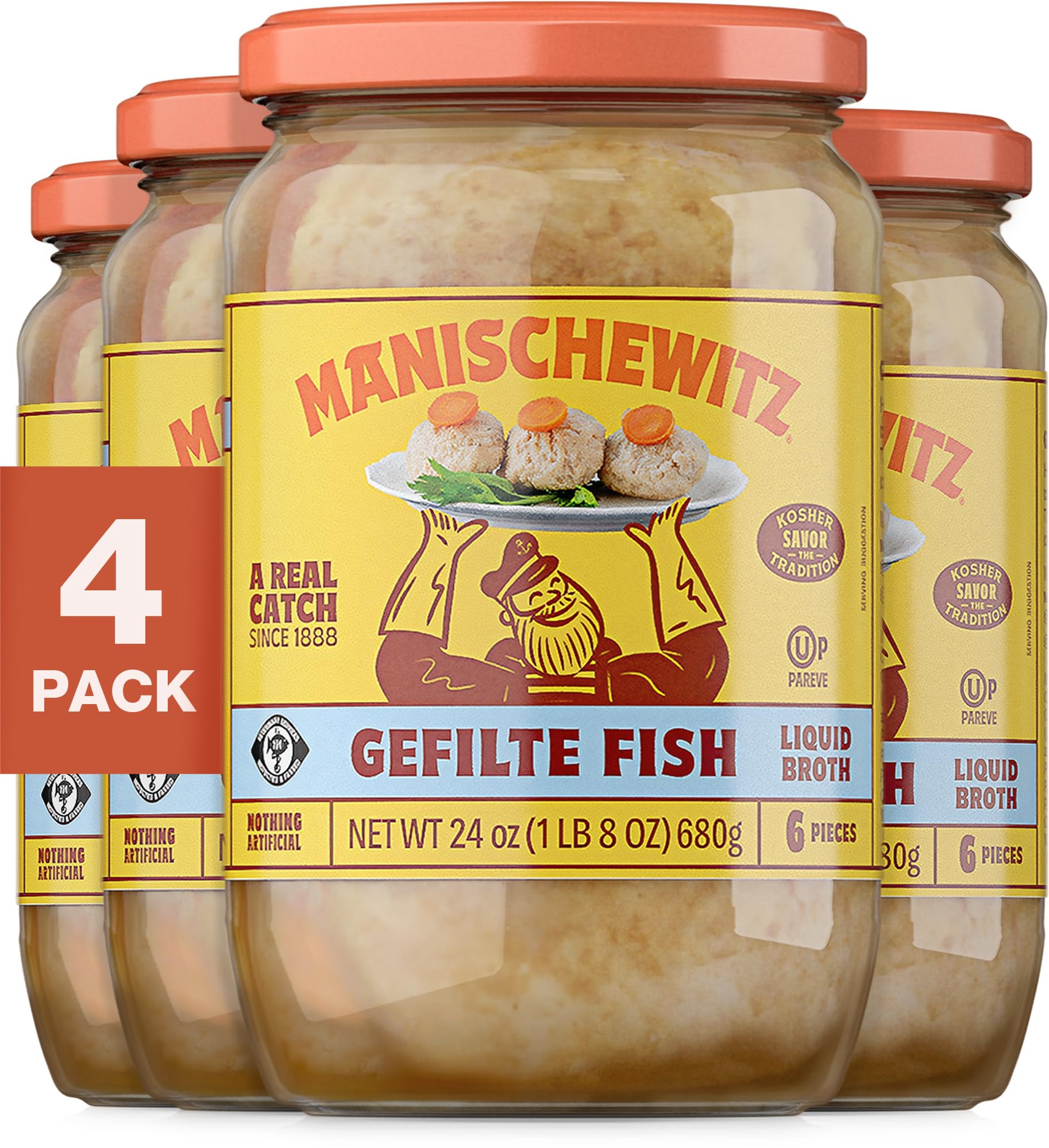 Manischewitz Gefilte Fish in Liquid Broth, 24 oz (4 Pack) | Protein Rich | Kosher for Passover | No MSG