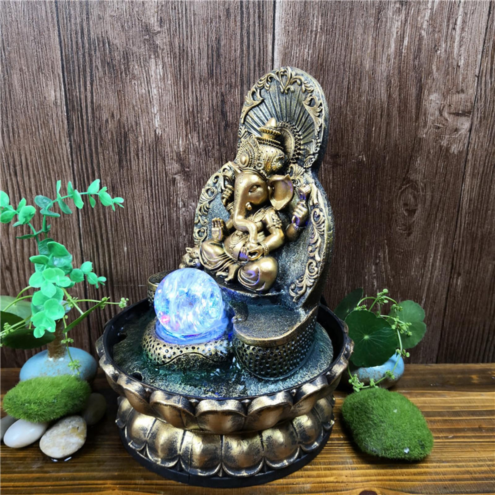 Fontaine Ganesh élégante - Fontaine d'intérieur et d'extérieur avec boule de cristal LED - Design en résine résistante aux UV et à la pluie