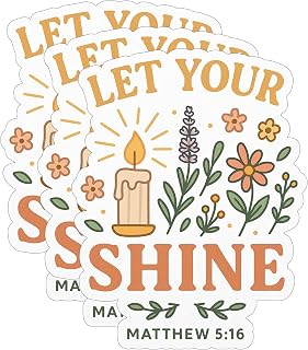 3pcs “Let Your Light Shine” Stickers – Matthew 5:16 – 3x3in Christian Bible Verse Vinyl Decals – Waterproof Floral Candle Design for Journals, Laptops, Water Bottles