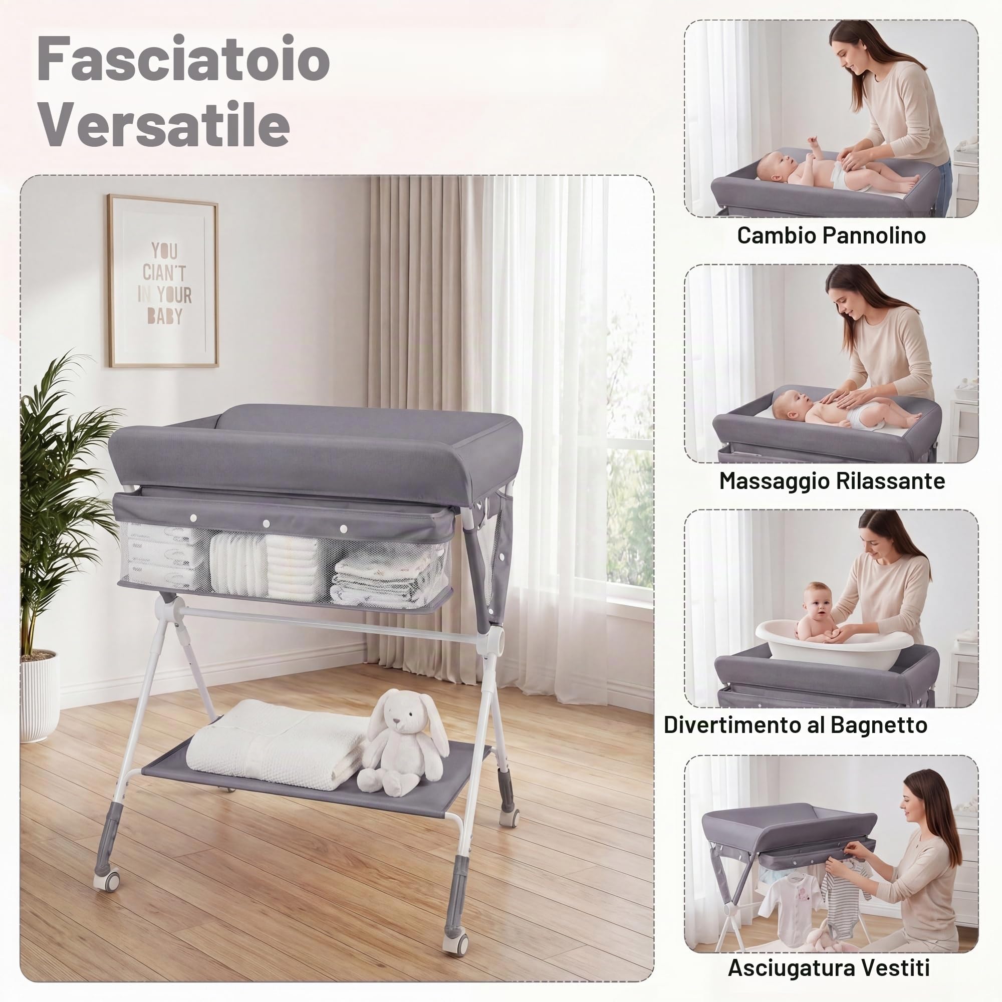 LIFEZEAL Fasciatoio Neonato, con Cestino Portaoggetti, Cintura di Sicurezza e Ruote, Regolabile in Altezza con Cesto Portaoggetti, per Bambini 0-12 Mesi, Portata 11 kg (grigio)
