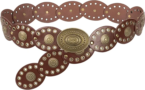 Wide Disc Belt for Women - PU Leather Hollow Out Round Belts Vintage Western Cowboy Cowgirl Waist Belt