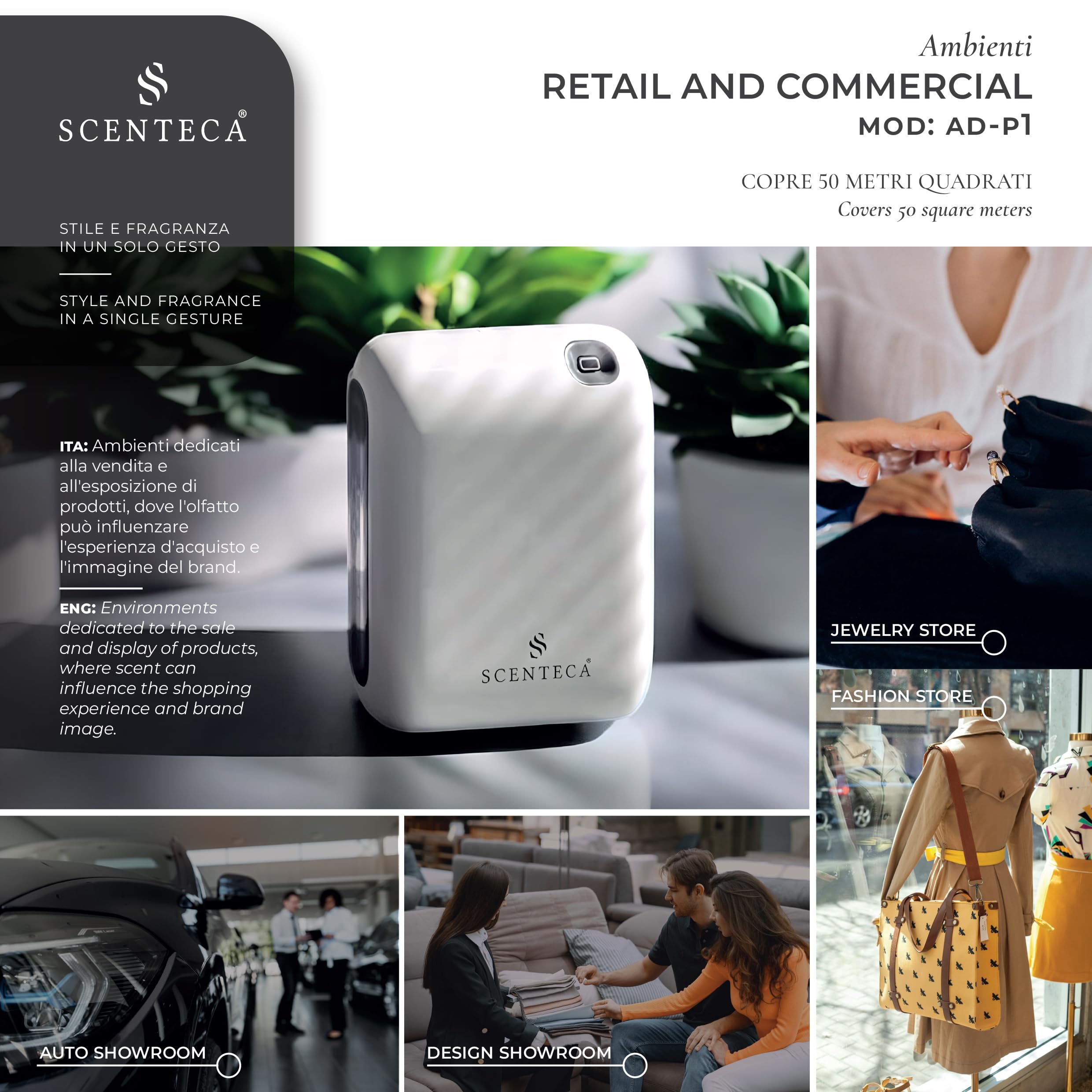 SCENTECA Diffusore elettrico di oli essenziali AD-P1, fragranza Summer Scent 100 ml Inclusa, nebulizzazione senza acqua, programmabile via app, copertura fino a 50 m²