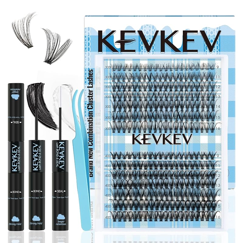 Kit de Cílios Postiços em Tufos KevKev 280 Unidades, Curvatura D, 30D+40D, 9–16 mm, com Cola e Pinça