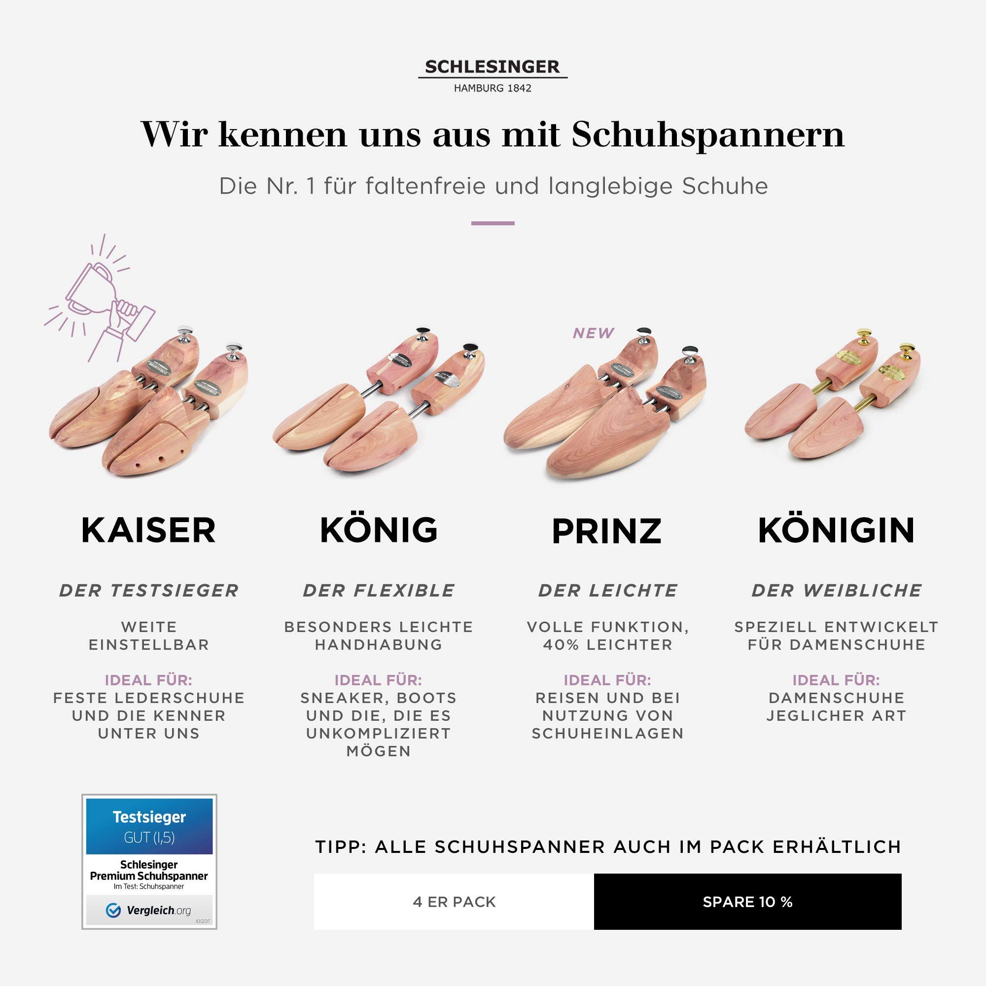 Schlesinger – 4 Paar Premium Damen Schuhspanner aus edlem Zedernholz für eine optimale Schuhpflege. Modell Königin. Größe 36 – 41 in Silber oder Gold.
