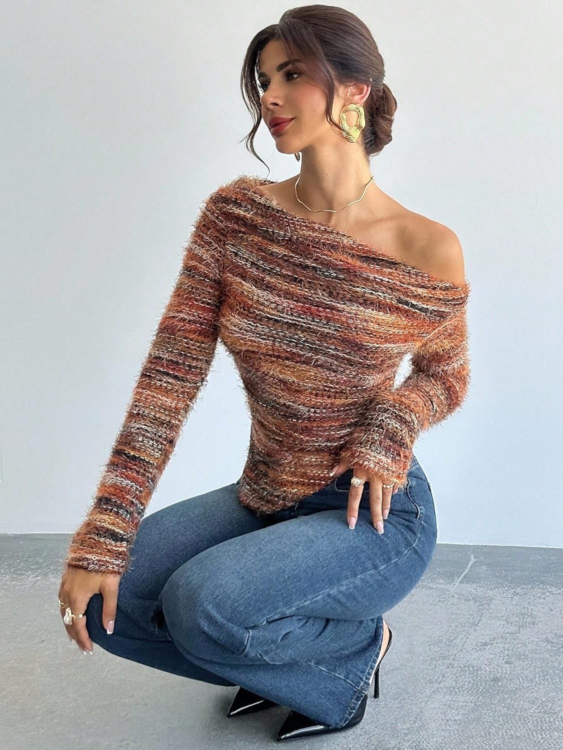 SweatyRocks Women's Off The Shoulder Sweater Asymmetric Long Sleeve Fitted Tops - Image 3